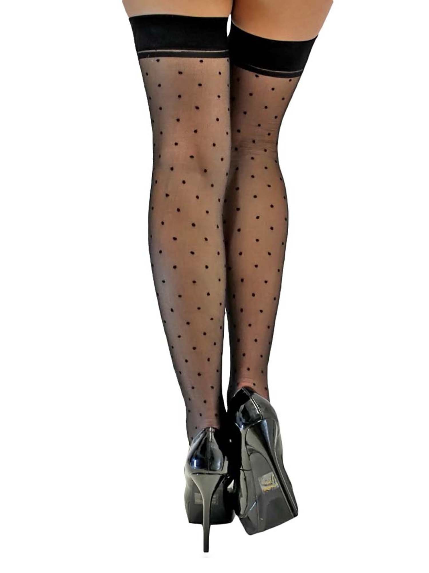 Luxury Divas Black Polka Dot Sheer Thigh High Stockings - Sexy Sheer Tights for Women, Fashionable Hosiery with Lace Trim - Perfect for Date Night, Cosplay, and Evening Outfits