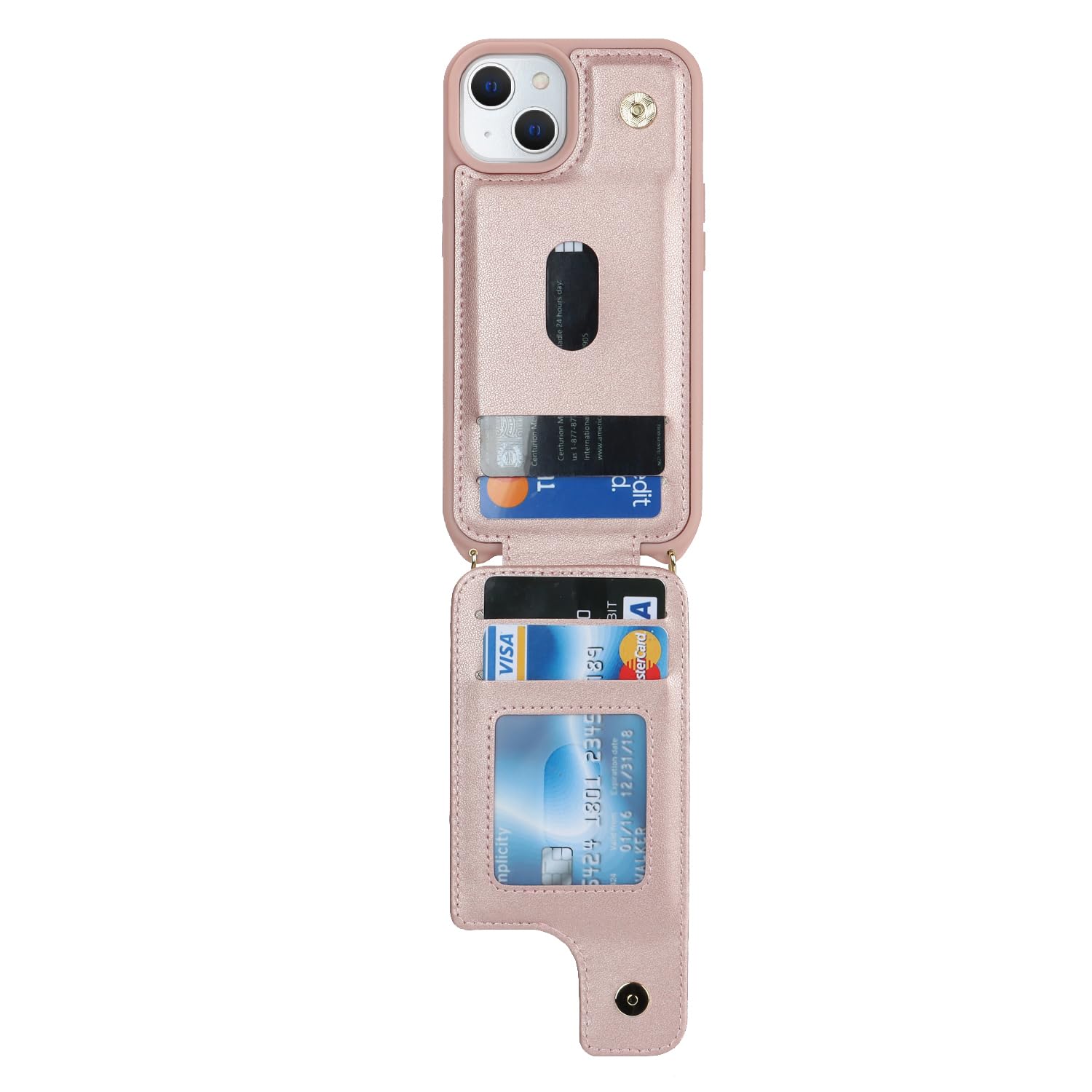 iPhone 15 Wallet Case with Card Holder & Wrist Strap - 6.1 Inch Rose Gold Phone Cover with Crossbody Lanyard, Ring Stand & Snap Closure | Perfect for Women's Everyday Use, Shopping & Travel Accessories