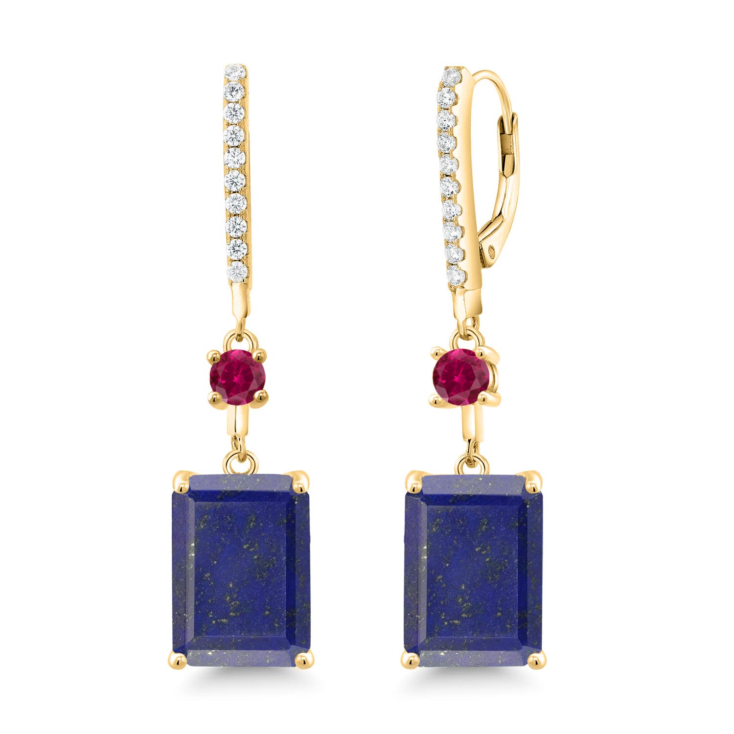 12.80 Ct Blue Lapis & Red Created Ruby 18K Yellow Gold Plated Silver Earrings for Women - Elegant Gemstone Jewelry for Parties, Weddings & Special Occasions