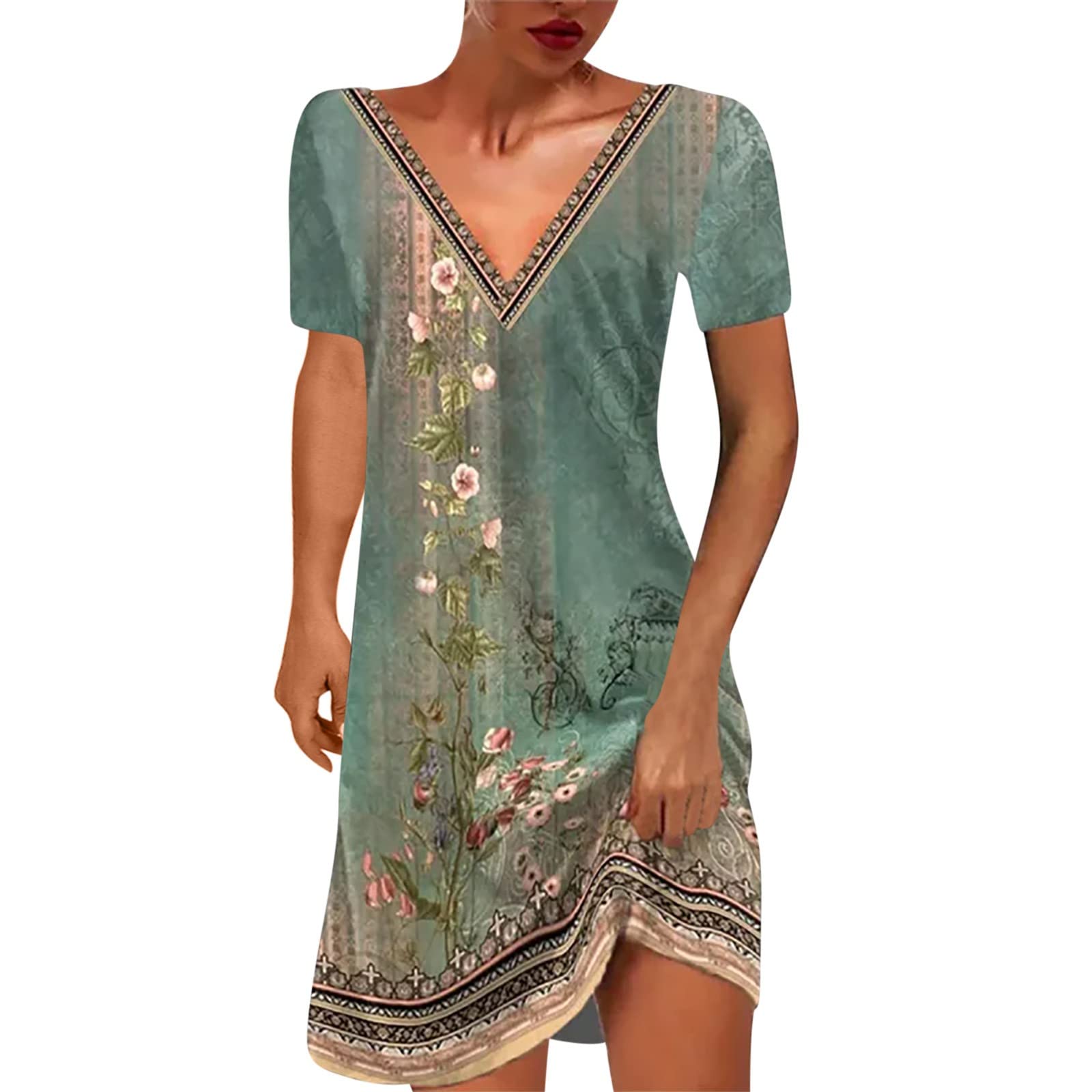 2023 Vintage Floral Print Spring Dresses for Women - V Neck Short Sleeve Boho T-Shirt Dress, Trendy Green Sundress with Belt | Perfect for Summer Outings, Beach Vacations & Casual Wear