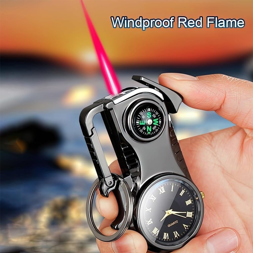 Metal Torch Lighter with Clock Dial & Compass - Refillable Butane, Adjustable Flame, Red Fire for Camping, Hiking, BBQ & Outdoor Adventures - Cool Multifunctional Keychain Lighter for Men & Women