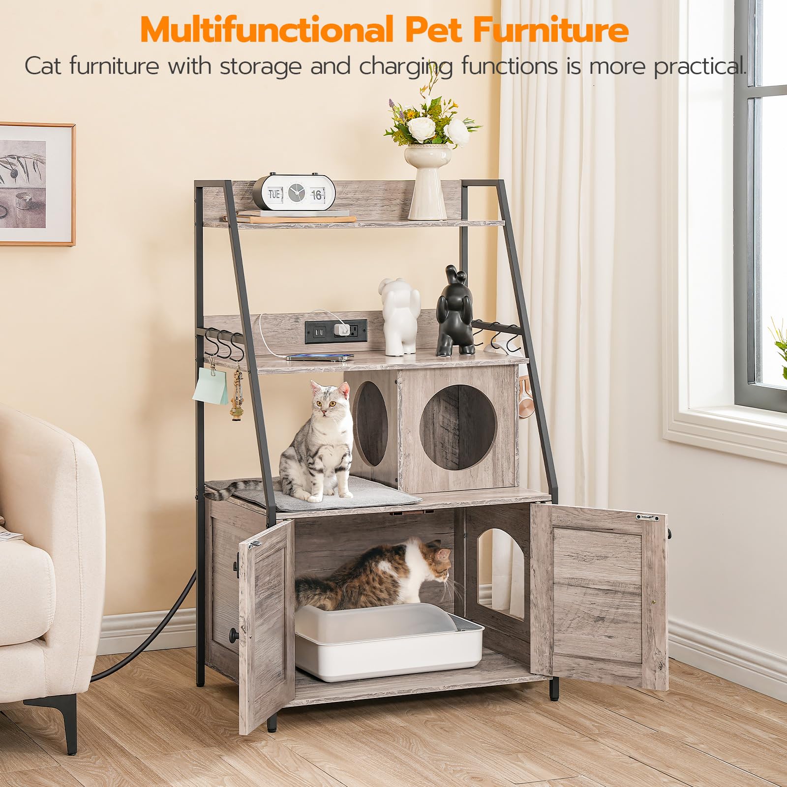 HOOBRO Cat Litter Box Enclosure with 2 Storage Shelves & Charging Station - Hidden Tall Cat Furniture with Plush Mat, Greige BG70UMW01 - Perfect for Small Spaces & Multi-Cat Homes, Stylish Indoor Cat Litter Solution for Apartments