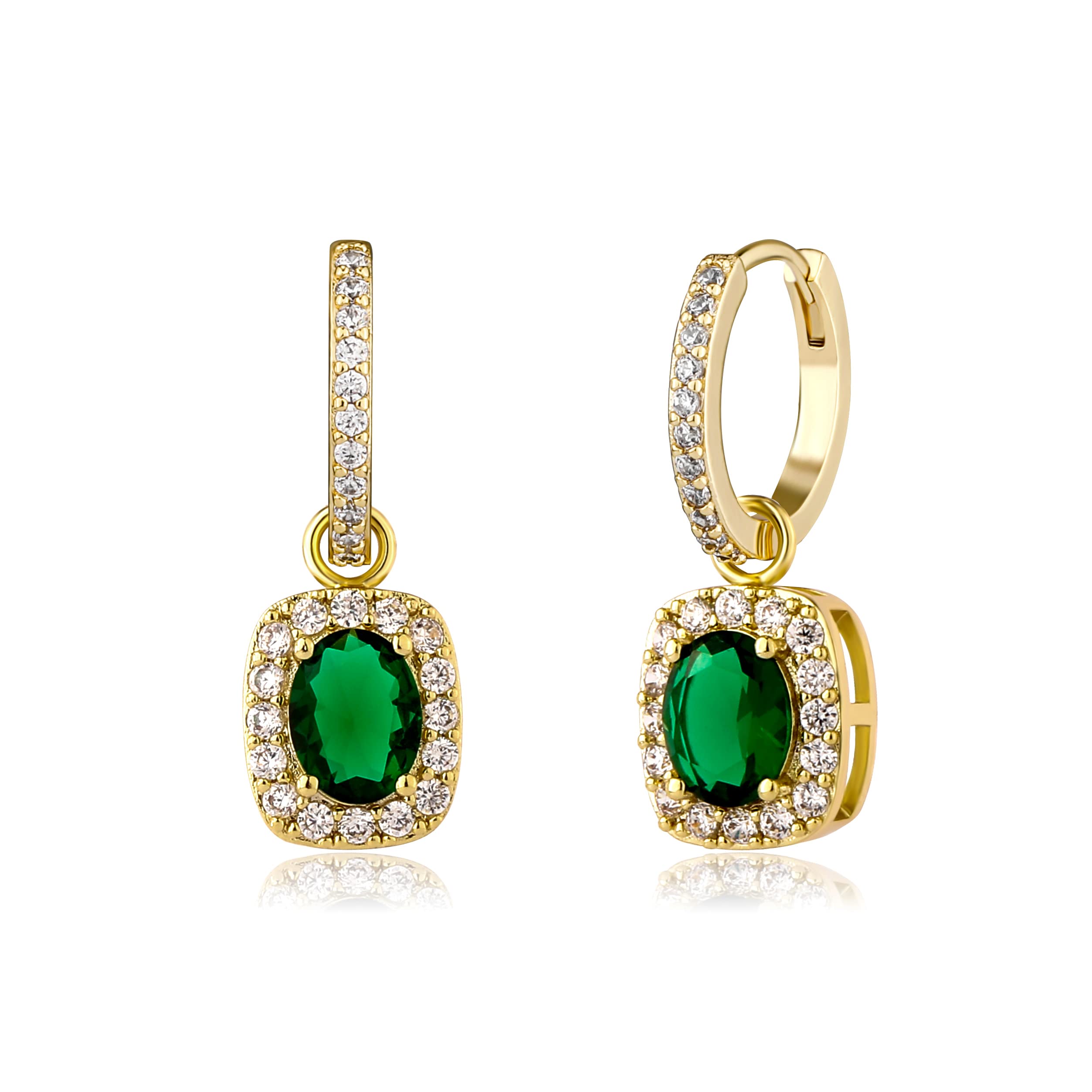 TOPGRILLZ 14K Gold Plated Chunky Drop Hoop Earrings for Women - Emerald Green Cubic Zirconia Iced Cushion Dangle Earrings, Trendy Fashion Jewelry Gift for Birthday, Party & Special Occasions