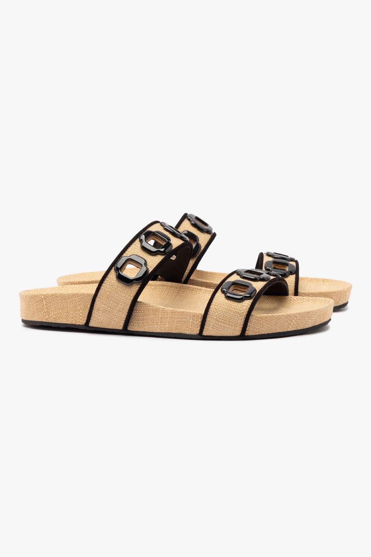 Milan Slide Sandals for Women - Beige Raffia with Black Trimming | Comfortable Summer Slides | Perfect for Beach, Pool, and Casual Outfits