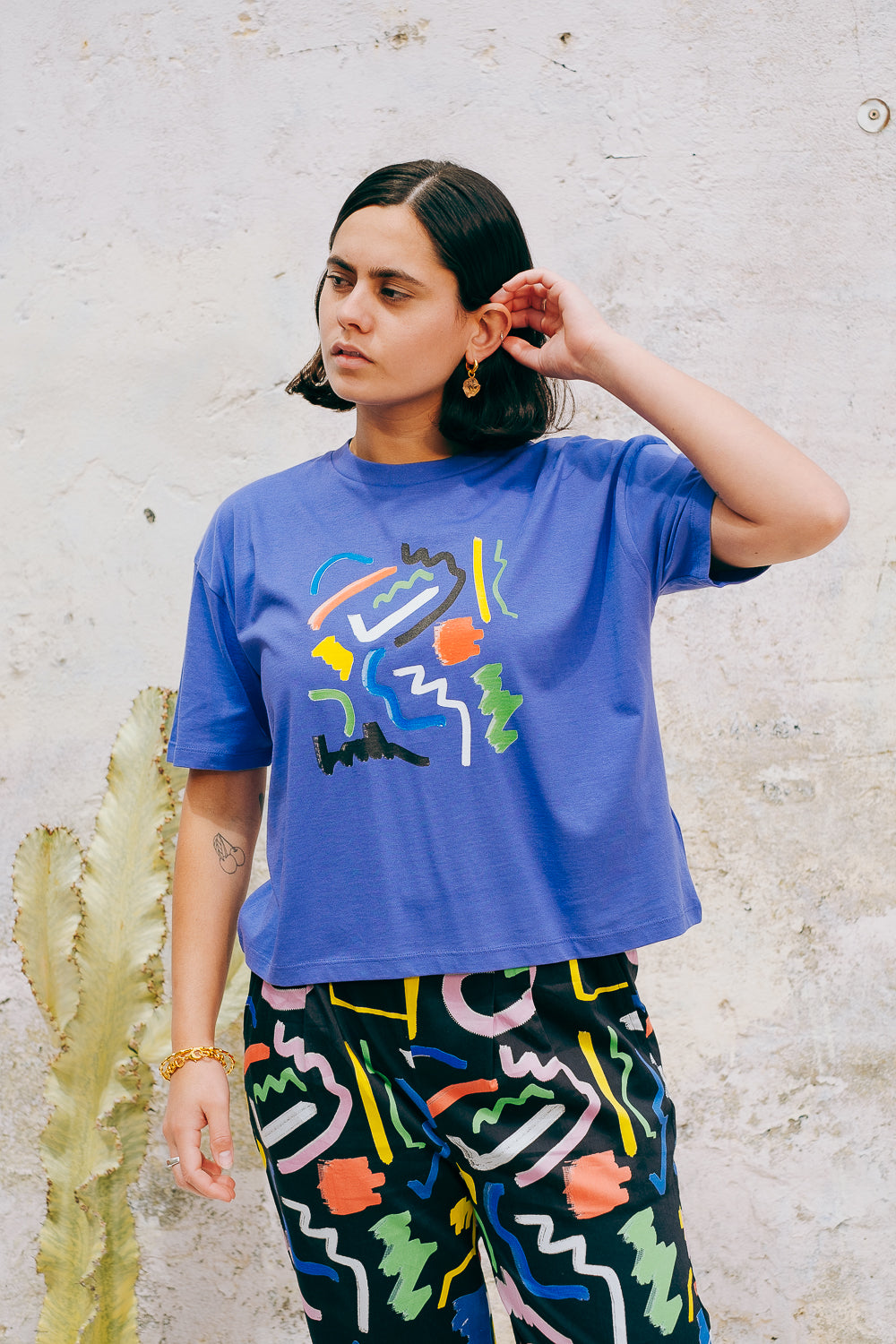 Miss Pompom Purple Scribble Graphic T-Shirt for Women | Trendy Casual Tee for Outfits, Streetwear & Everyday Wear