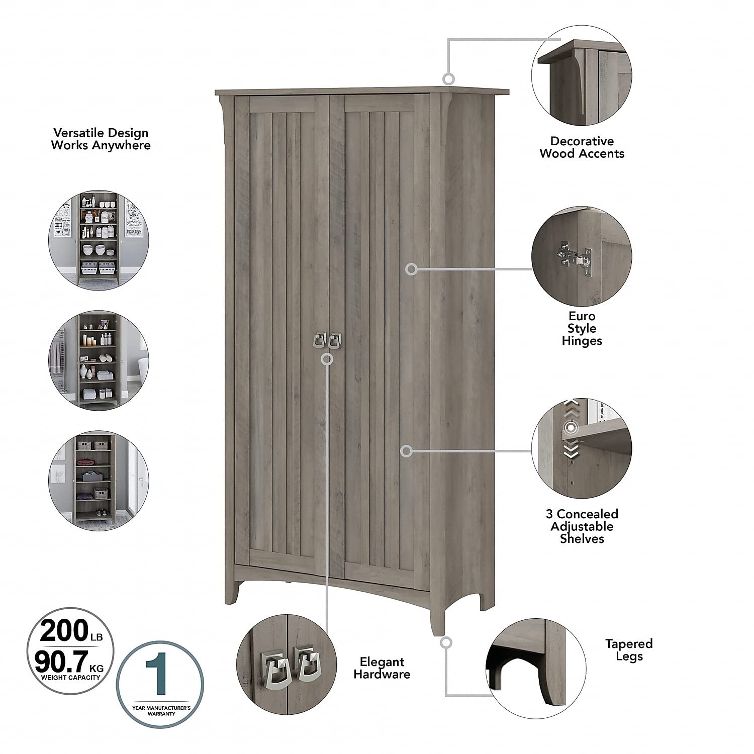 Bush Furniture Salinas Tall Storage Cabinet with Doors in Driftwood Gray - Office & Home Storage Organizer with Adjustable Shelves | Perfect for Workspace, Living Room & Bedroom Organization