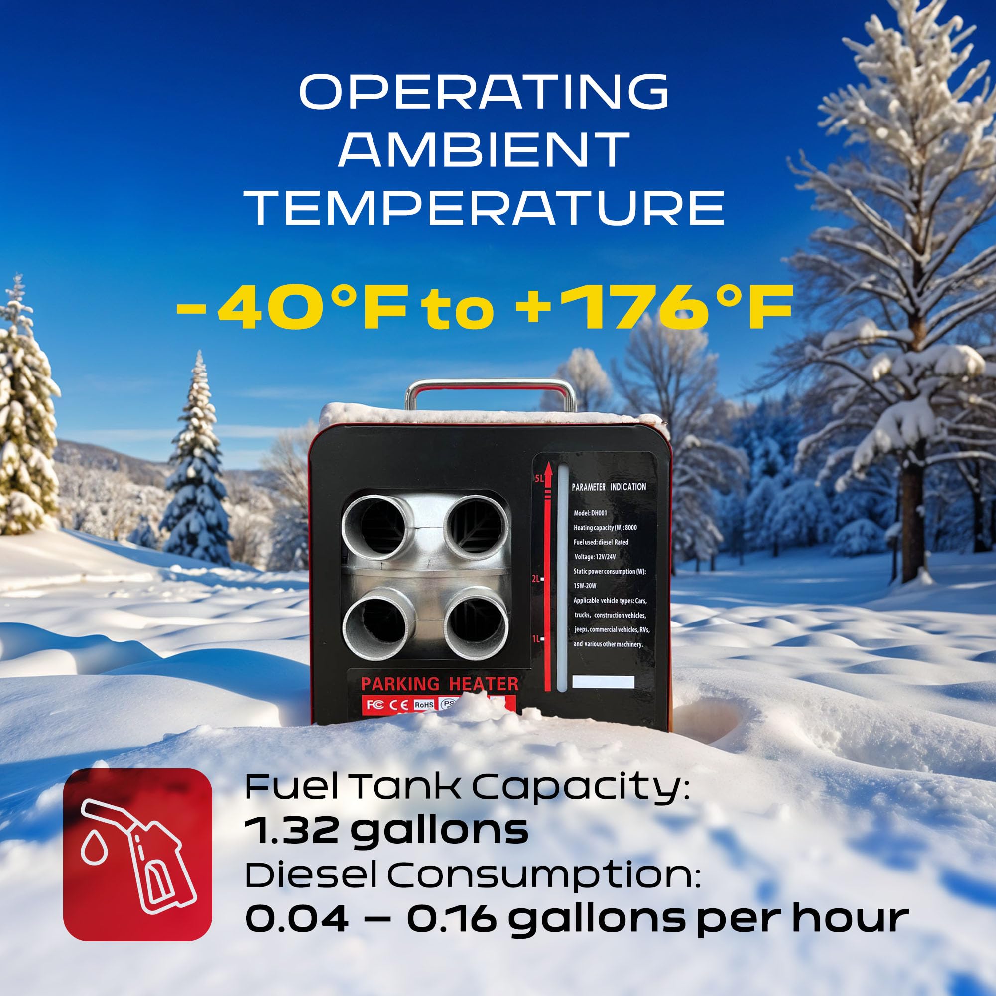 8kW Diesel Heater 12V/24V/220V Portable Air Heater with 5L Fuel Tank, LCD Display & Remote Control -40°F to +176°F for RV, Truck, Camper, Trailer, Garage, Workshop - Fast Heating & Energy Efficient