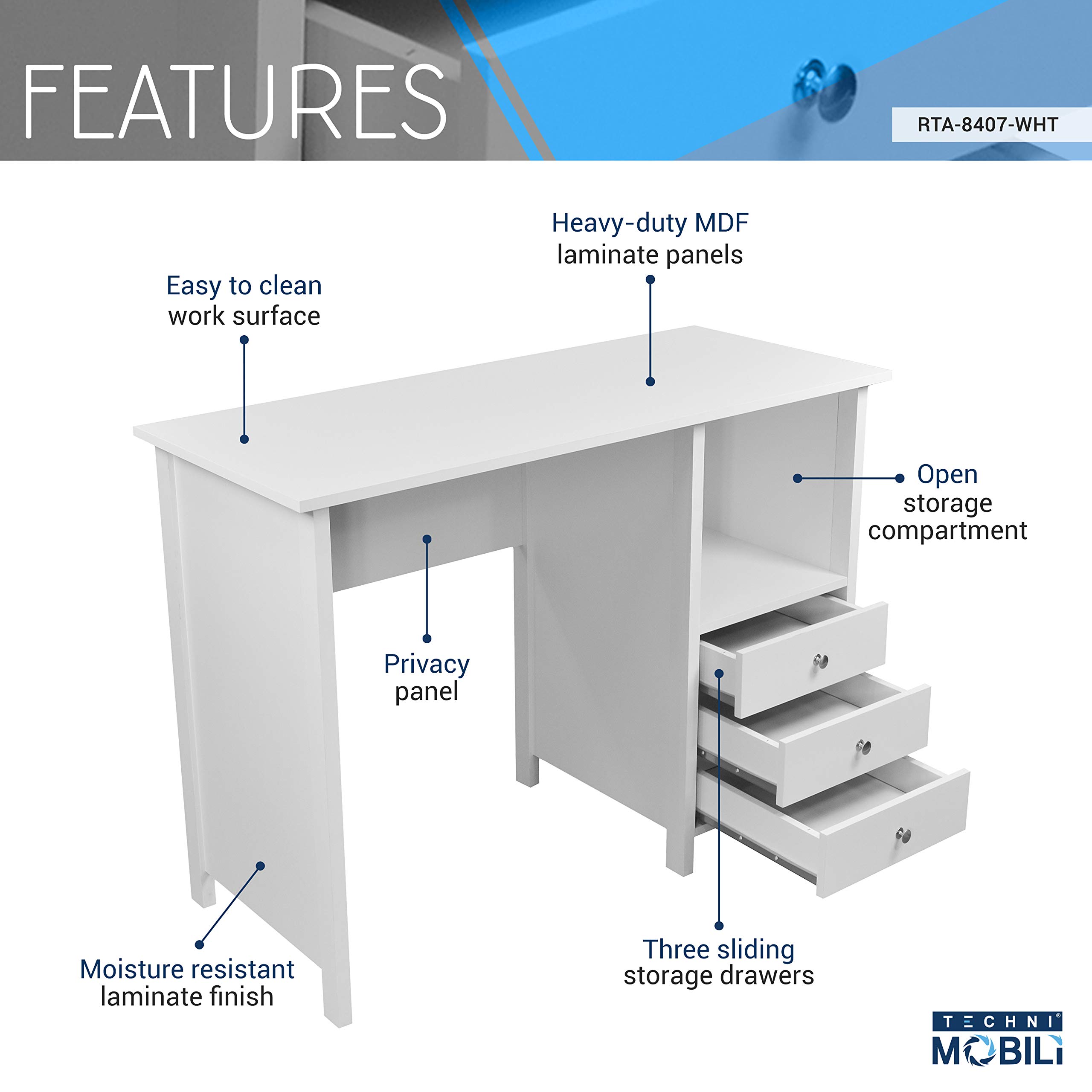 Techni Mobili White Office Desk with 3 Drawers & Open Shelf - Compact Laminated Wood Computer Desk for Small Spaces, Home Office, Bedroom & Study | Perfect for Remote Work, Online Classes & Crafting