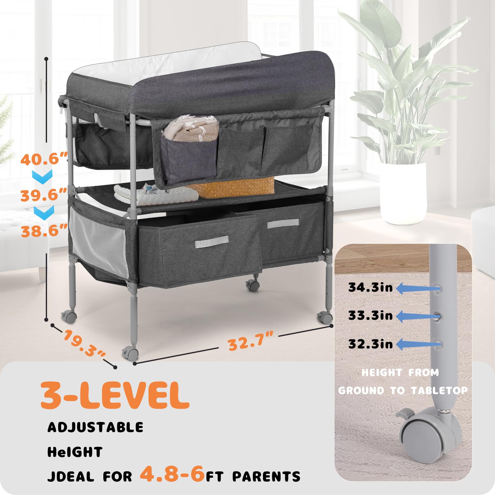 Portable Baby Changing Table with 2 Storage Baskets - Adjustable Height Foldable Changing Station Dresser - Waterproof Soft Pad for Newborns & Infants - Perfect for Nursery, Bedroom & Travel Use