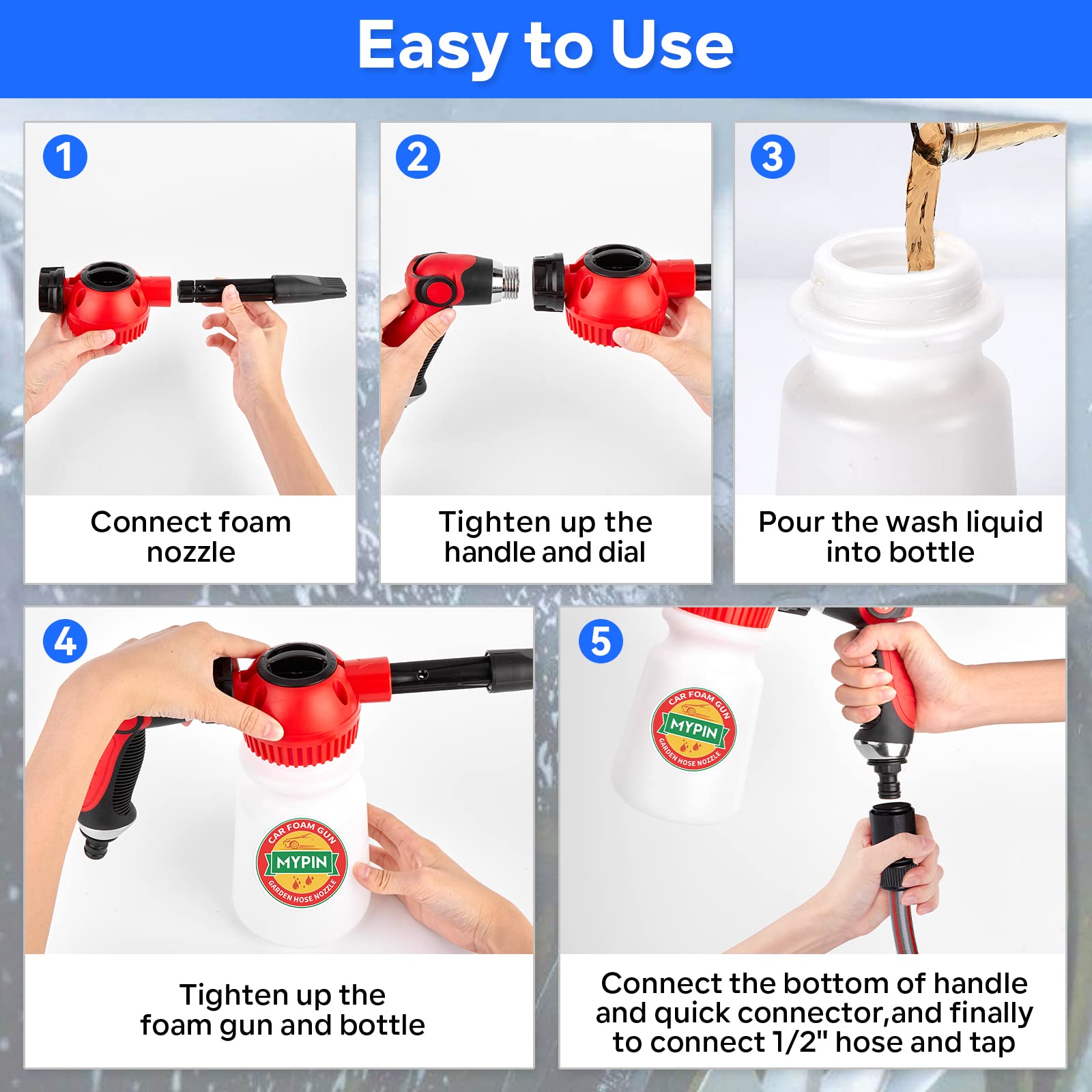 Premium Car Wash Foam Gun Set with Adjustable Foam Cannon & 2.5-6 Bar Pressure Sprayer - Includes Nozzles, Wash Mitt & 1/2