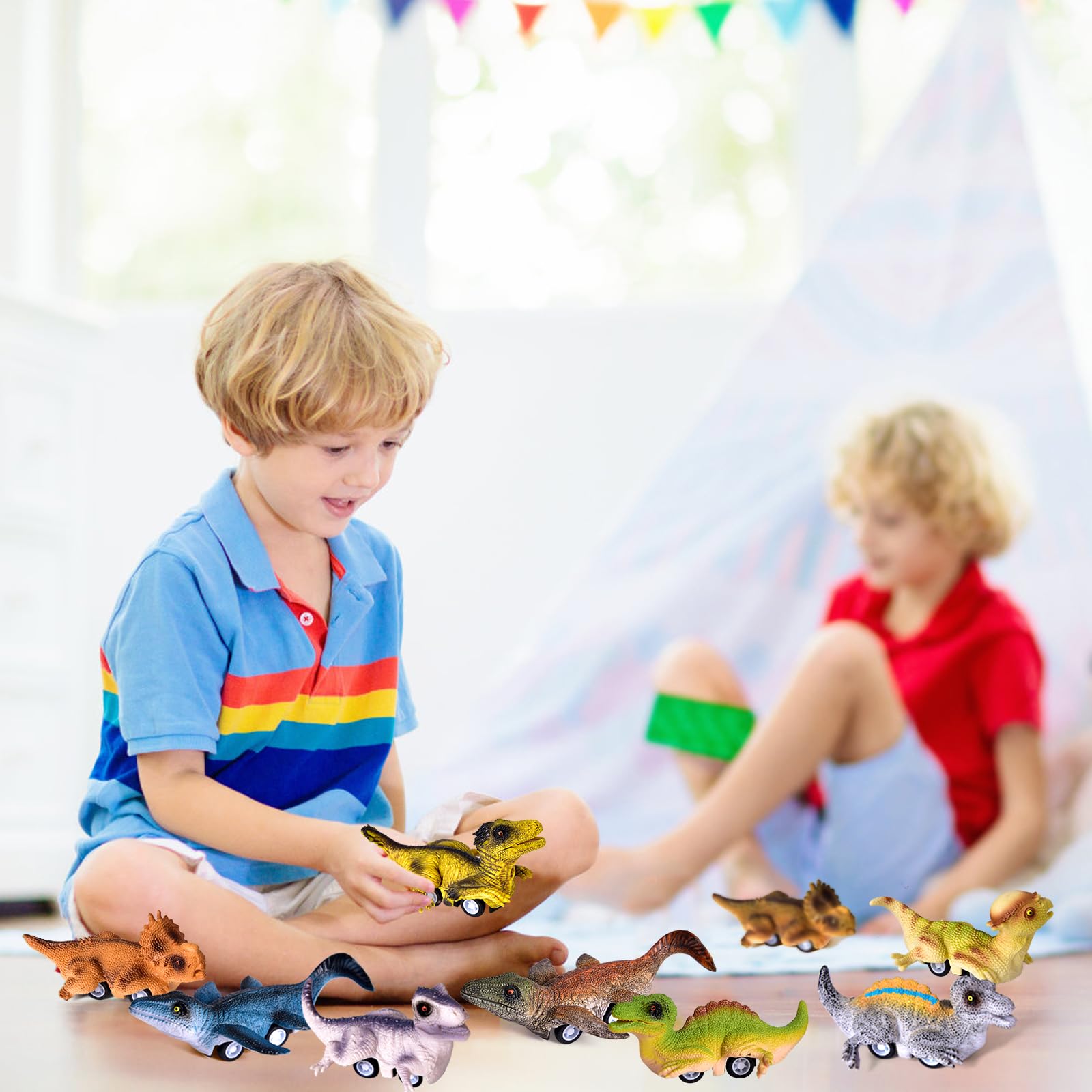 12 Pack Pull Back Dinosaur Toy Cars for Kids Ages 3-7 - Fun Dino Race Set for Boys & Girls - Birthday Party Favors, Goodie Bag Fillers & Preschool Learning Toys - Great for Indoor Play, Gift Giving & Imaginative Playtime