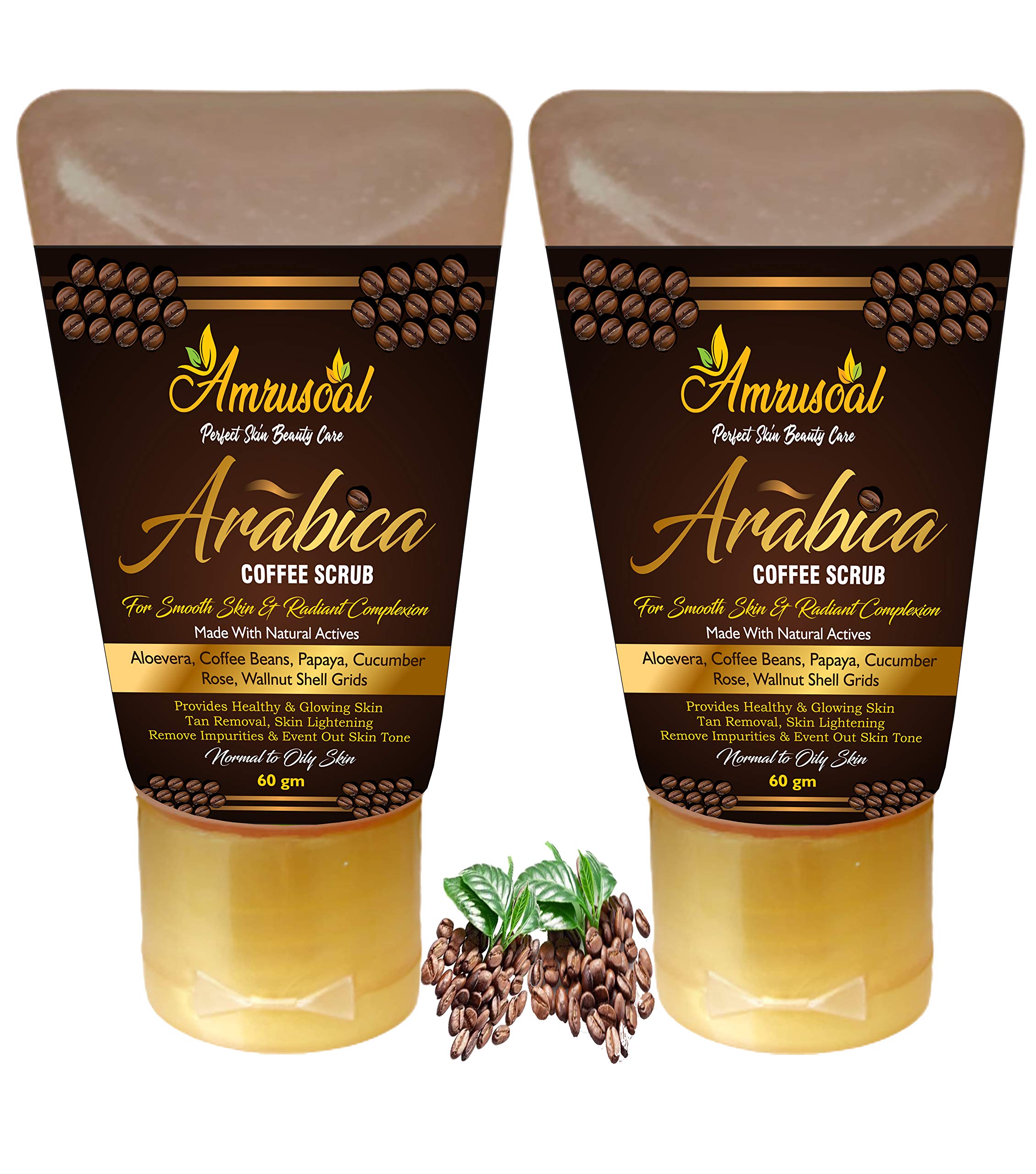 AMRUSOAL Arabica Coffee Scrub for Face & Body - 2 Pack | Deep Cleansing Exfoliator for Glowing Skin | Anti-Cellulite Treatment for Men & Women | Tan Removal & Whitening Moisturizer with Fruit Extracts & Caffeine - 60g | Perfect for Spa Day, Self-Care Routine & Gift Giving