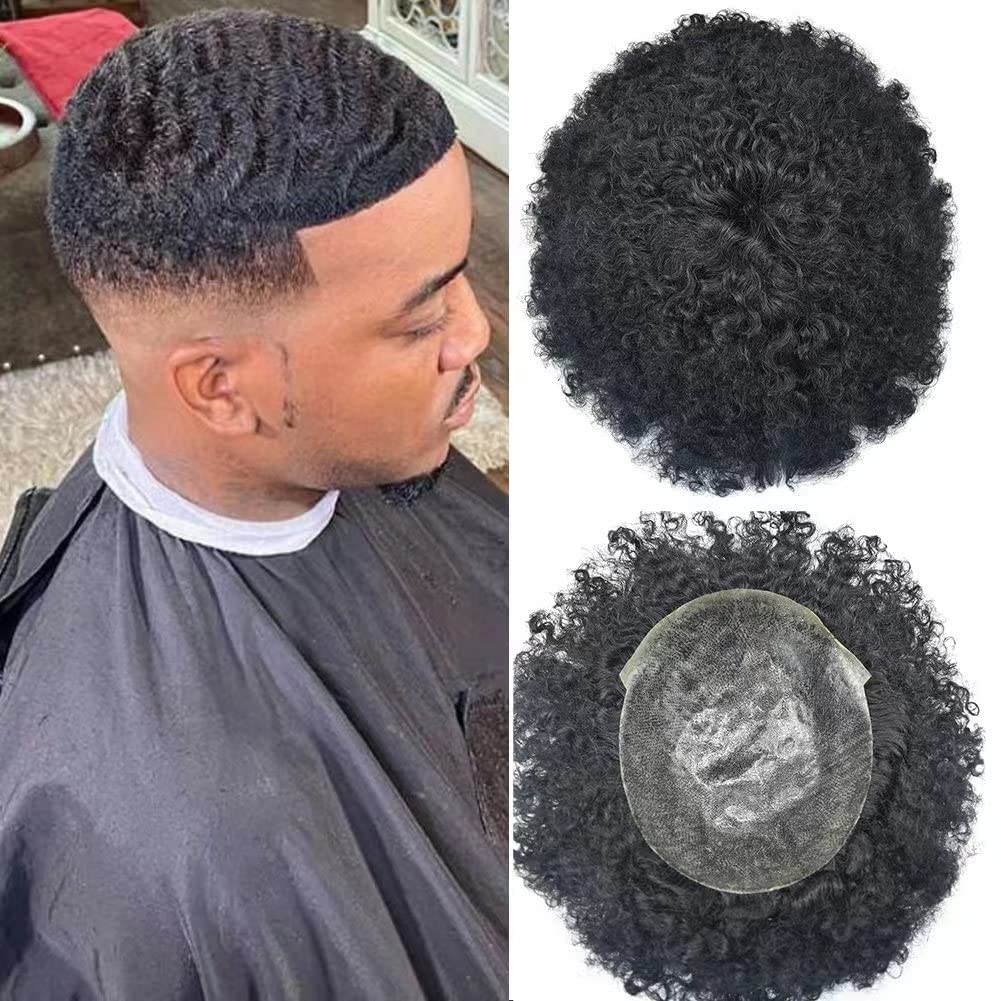 Brazilian Virgin Human Hair Afro Toupee for Black Men - Curly 8x10 Full PU Hair System - 1# Jet Black 6mm Afro Wave - Perfect for Daily Wear, Cosplay & Special Events