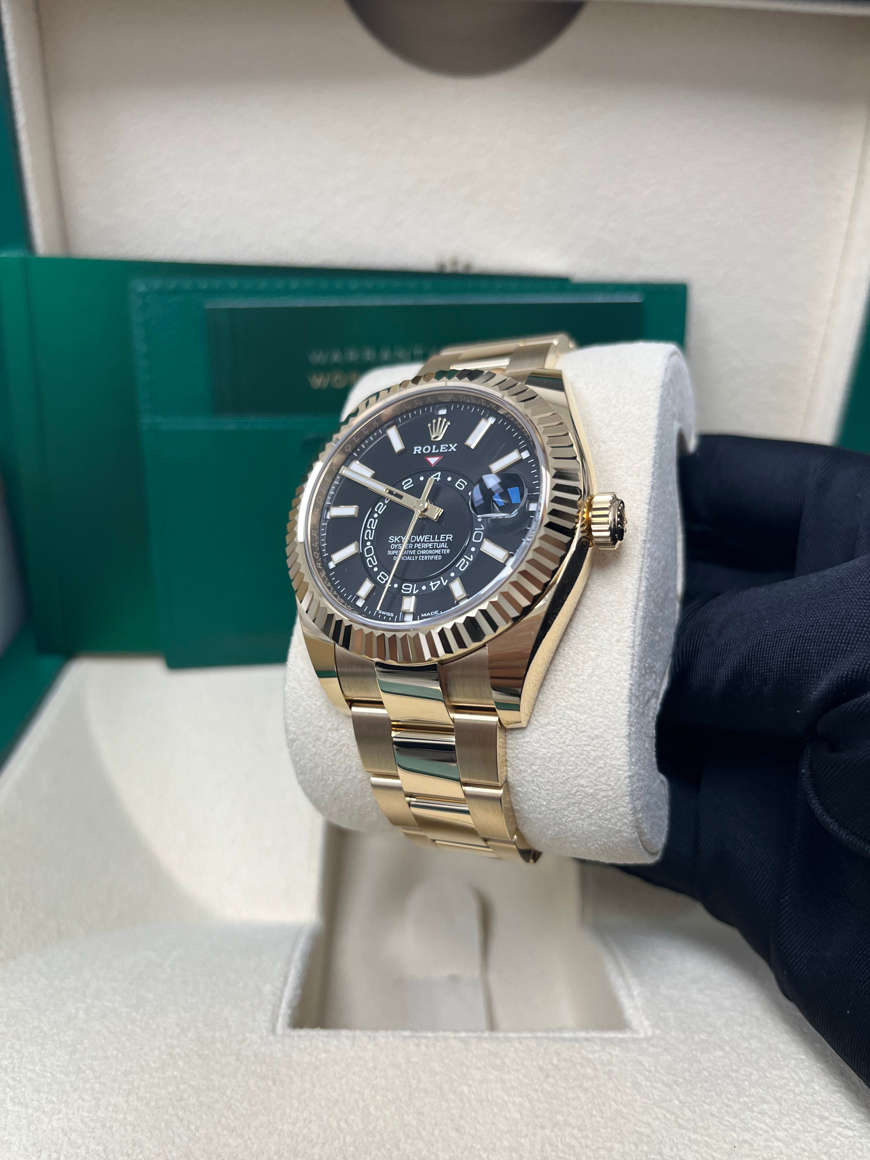 Rolex Sky Dweller 18K Yellow Gold Men's Watch with Black Index Dial & Oyster Bracelet (Ref# 326938) - Luxury Timepiece for Business, Travel & Special Occasions