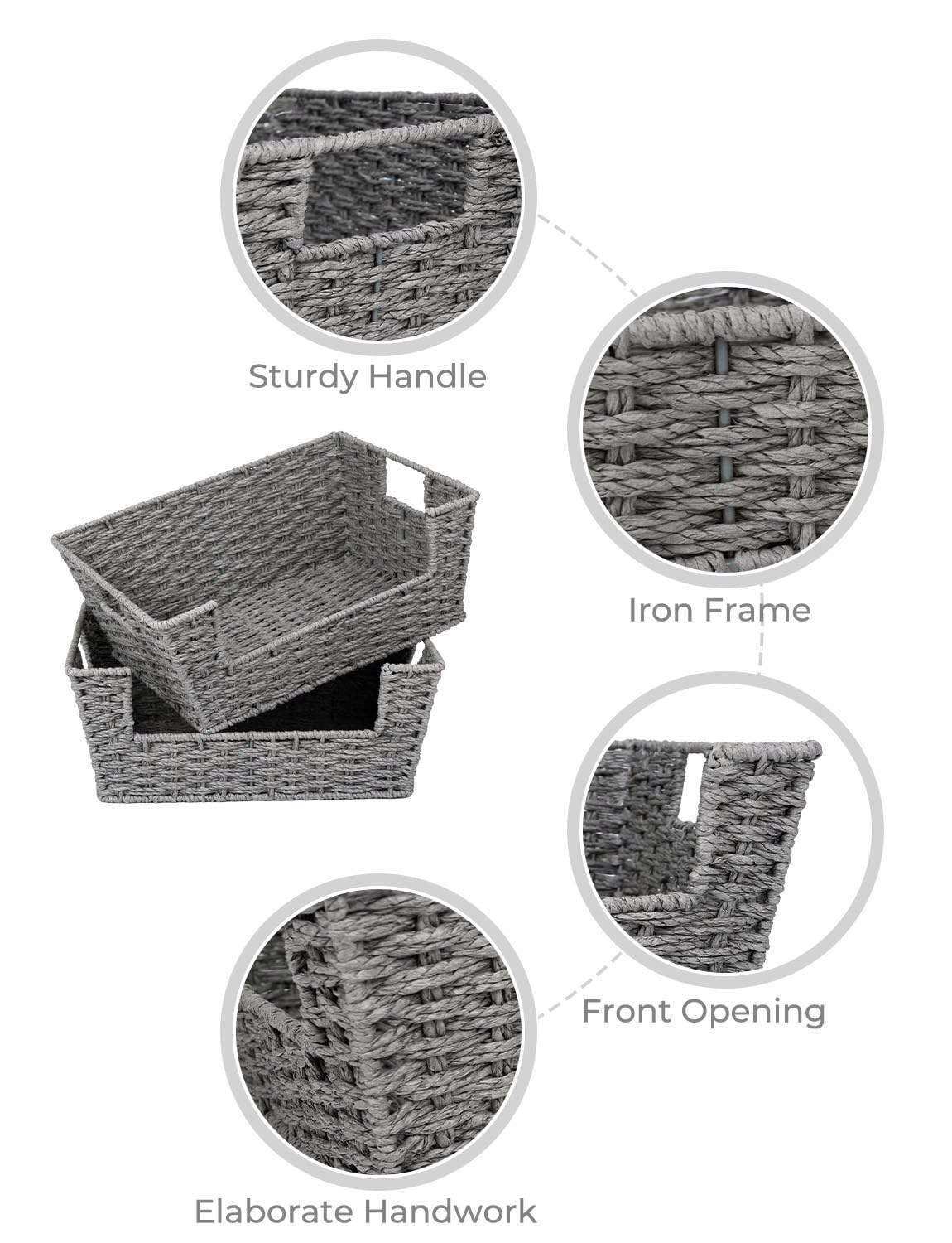 StorageWorks Wicker Baskets for Home Organization - 2 Pack Grey Handwoven Pantry & Shelf Storage Baskets | Perfect for Kitchen, Bathroom, Closet & Office Organization