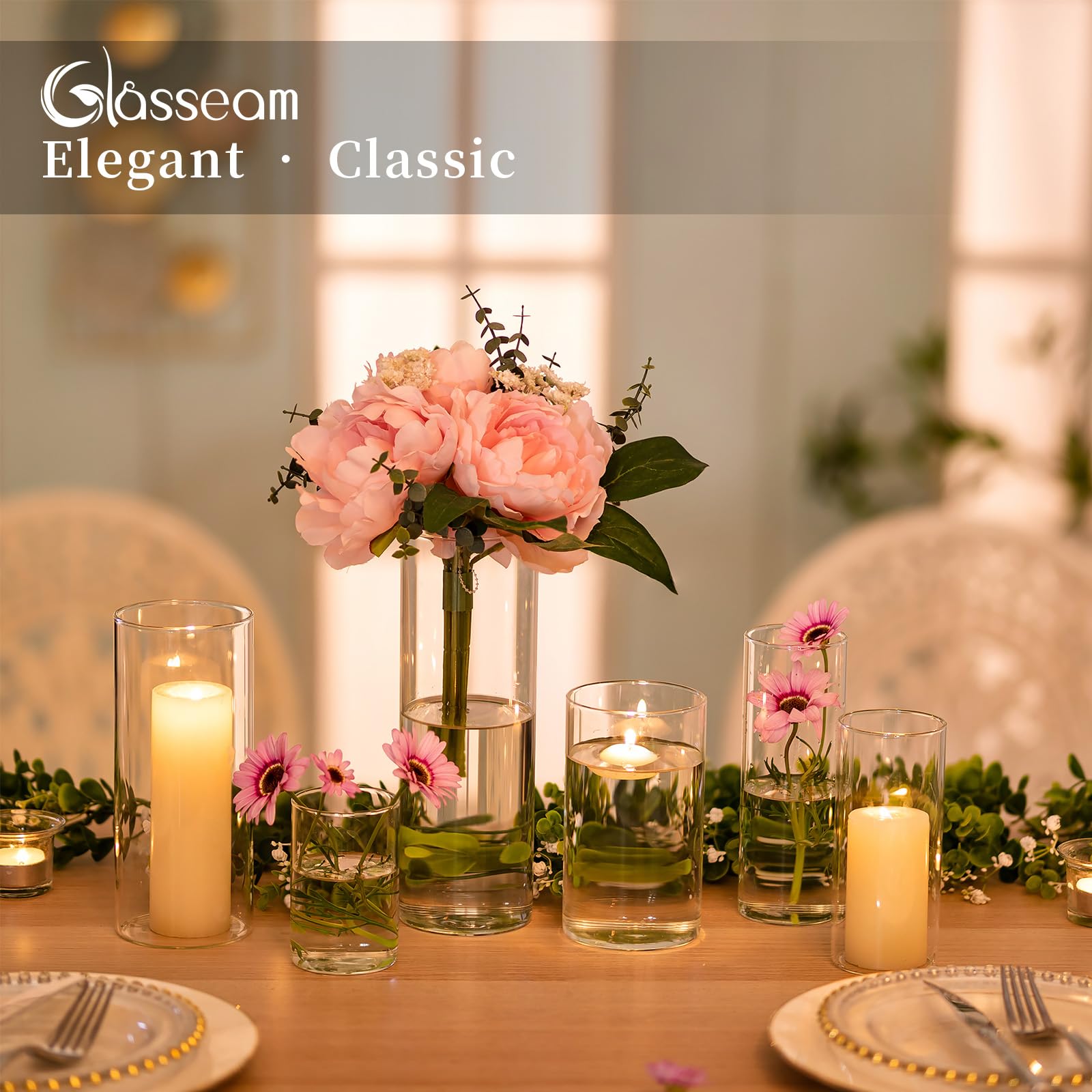 Glasseam 24-Pack Clear Glass Cylinder Candle Holders for Pillar & Floating Candles - Modern Hurricane Vases for Wedding Centerpieces, Table Decor, and Home Ambiance Lighting