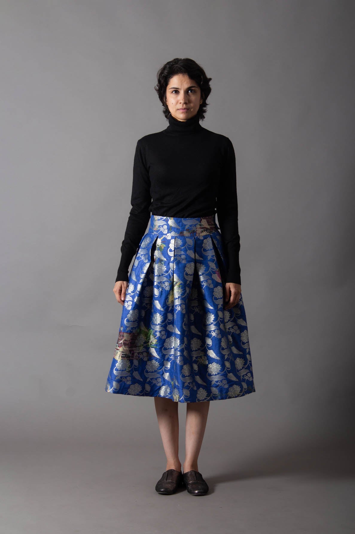 Elegant Cobalt Blue Box Pleated Midi Skirt - Silk Brocade Fabric for Women | Perfect for Office Wear, Cocktail Parties & Special Occasions