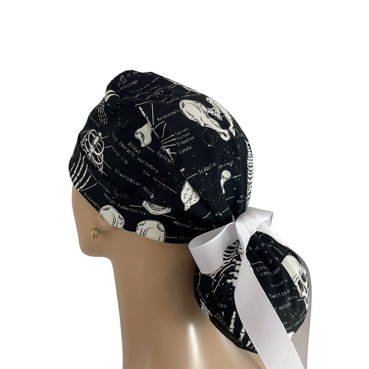 Turn Up Ponytail Medical Scrub Cap - Human Anatomy Bones Print - Doctor & Nurse Hats for Women in Black | Comfortable Surgical Cap for Healthcare Professionals