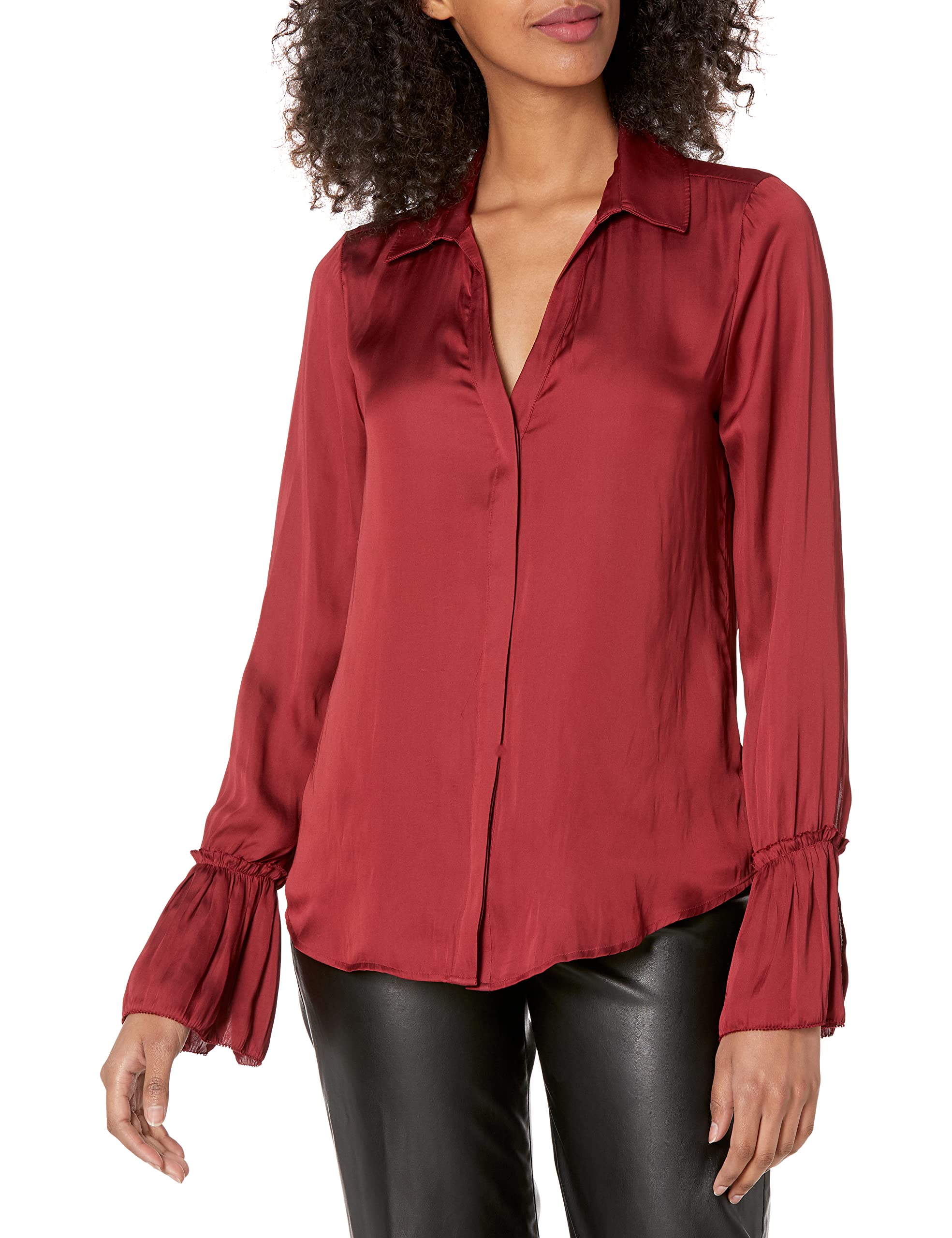 PAIGE Women's Abriana Button Down Shirt with Pleated Sleeves - Deep Garnet Red Blouse for Work, Office & Casual Outfits | Stylish Long Sleeve Tops for Women