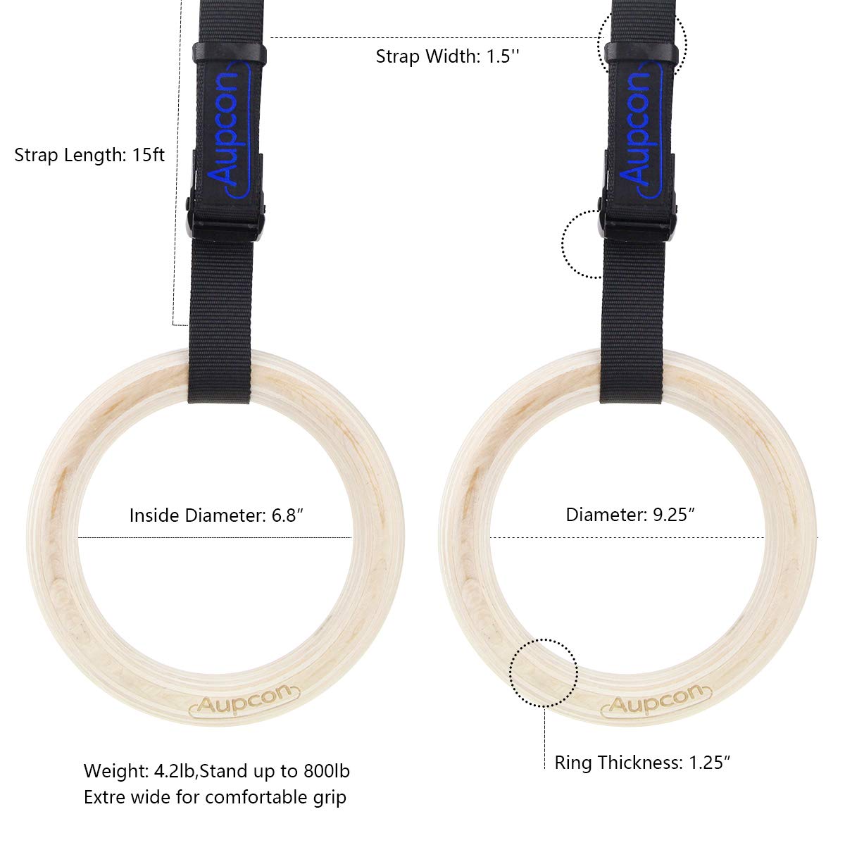 AUPCON Wood Gymnastic Rings - Olympic Gym Rings with Adjustable Straps for Pull Ups, Strength Training, Dips & Home Workouts - Perfect for CrossFit, Calisthenics & Outdoor Fitness