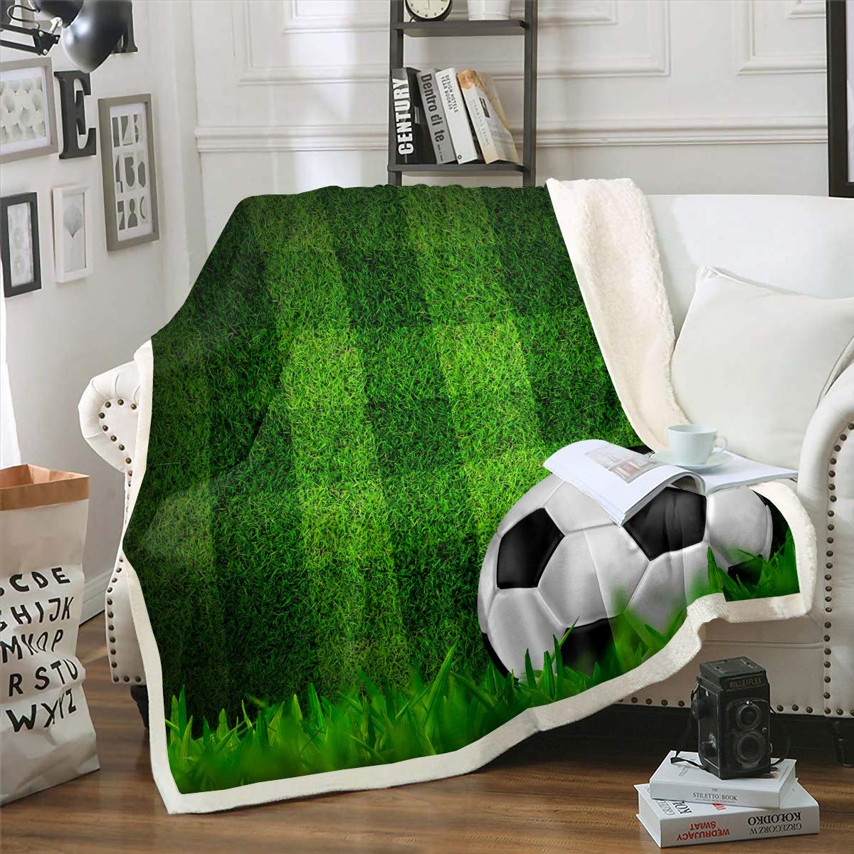 Football Fleece Throw Blanket - Soft Plush Sherpa Blanket for Couch, Sofa & Bed - Buffalo Check Grid Plaid Design with Soccer Ball Pattern - Warm Cozy 30