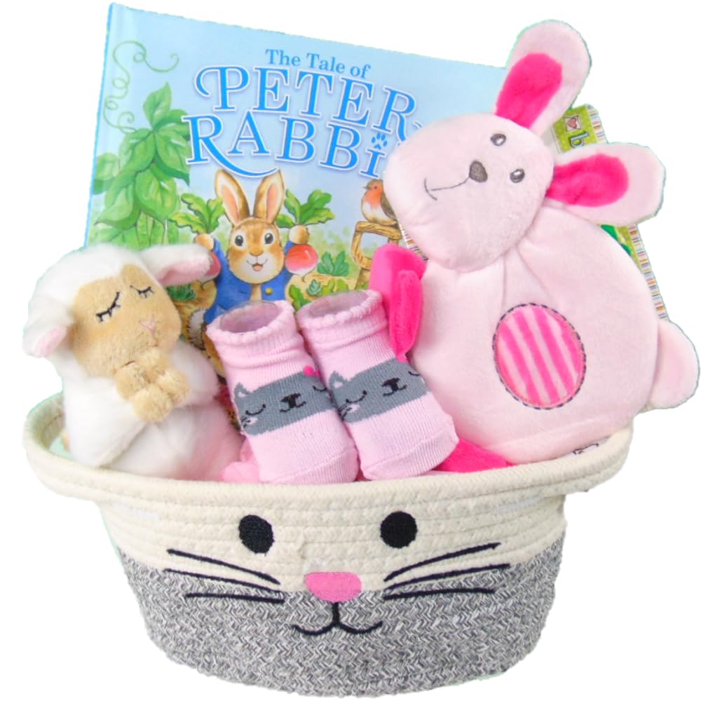 Adorable Baby Girl Gift Basket - Newborn Welcome Gift Set with Bunny Cotton Rope Basket, Pink Baby Socks, Book & More | Perfect Baby Shower Gift for New Parents | Nursery Decor & First Birthday Present