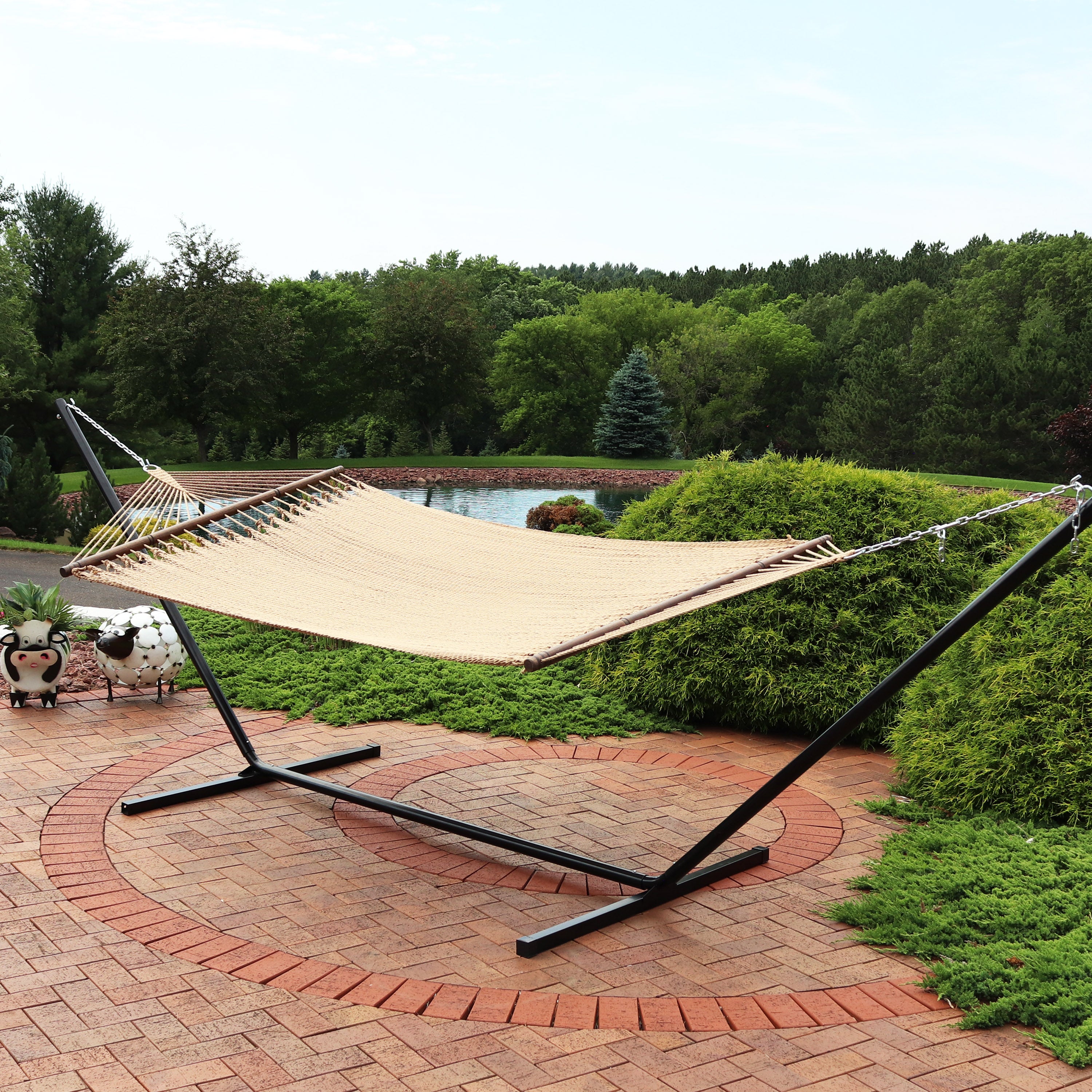Sunnydaze 2-Person Soft Spun Polyester Rope Hammock with Stand - Portable Outdoor Hanging Bed for Backyard, Patio, Beach & Camping Relaxation