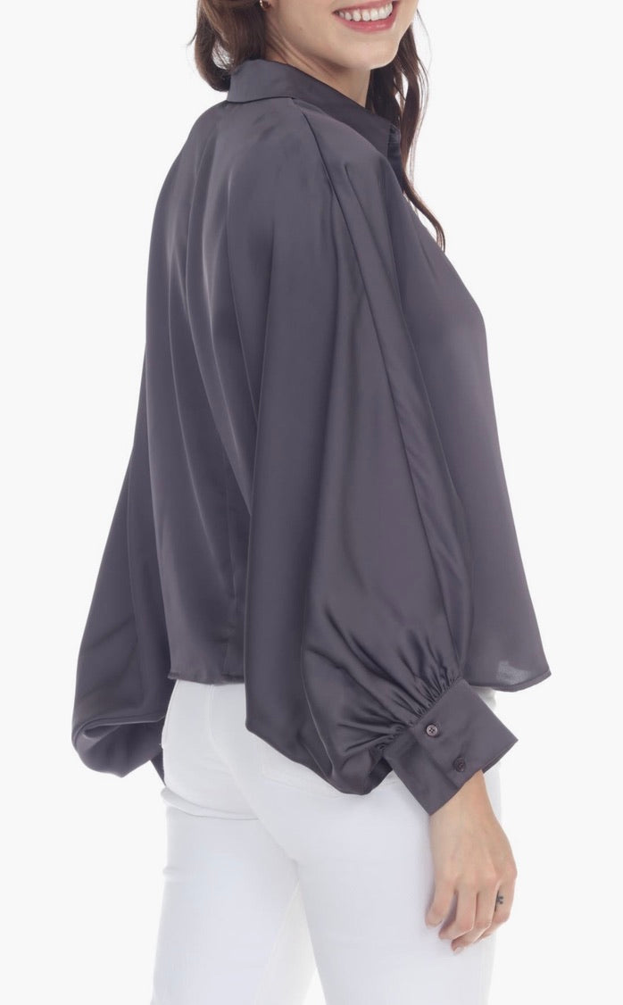Elegant Dolman Balloon Sleeve Satin Button Up Blouse for Women - Chic Office Wear & Evening Party Outfit