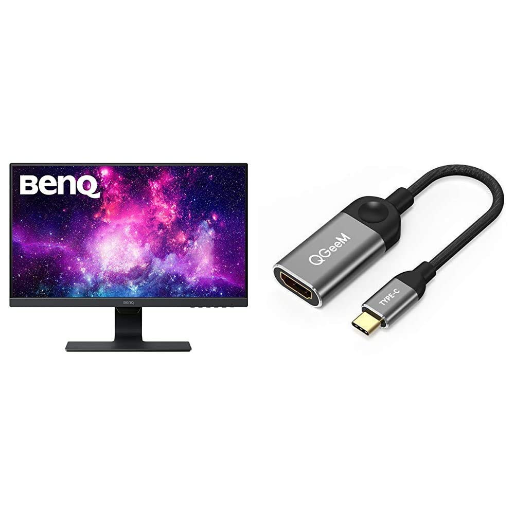 BenQ 24 Inch IPS Monitor 1080P Full HD with Eye-Care Technology & Ultra-Slim Bezel - QGeeM USB C to HDMI Adapter 4K 60Hz Cable, Thunderbolt 3 Compatible - Perfect for Home Office, Gaming & Multimedia Entertainment