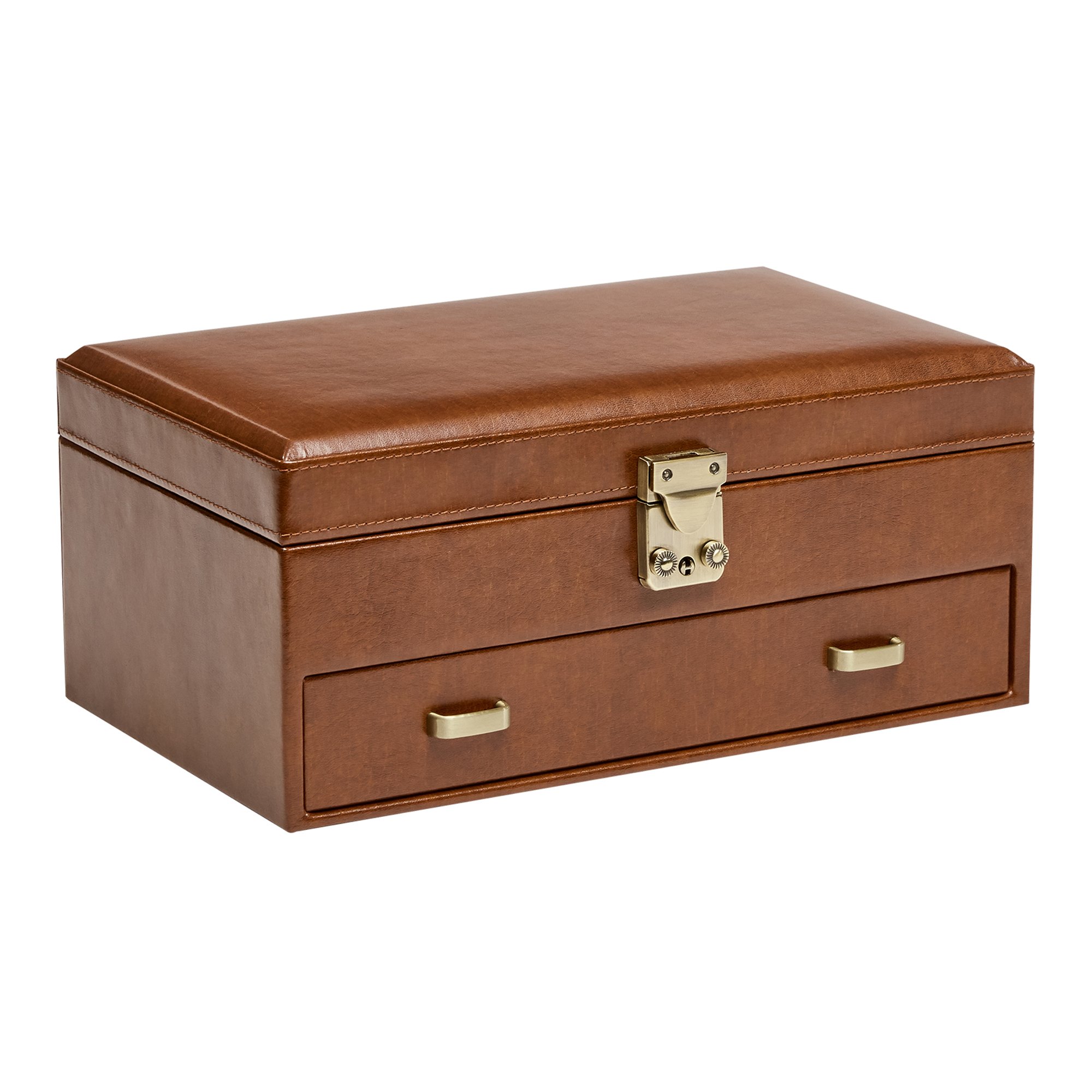 Mele & Co. Weston Locking Jewelry Box - Cognac Faux Leather Organizer for Necklaces, Rings & Earrings - Perfect for Travel, Home Decor & Gift Giving