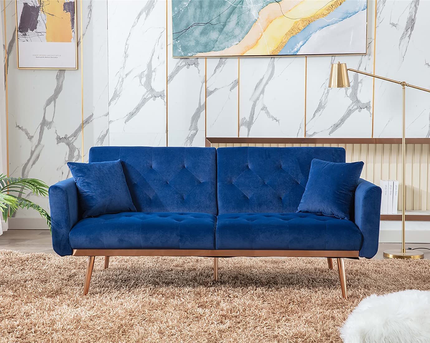 Modern Velvet Futon Sofa Bed with 5 Golden Metal Legs - Convertible Sleeper Couch with 2 Pillows - Space-Saving Loveseat for Small Apartments, Living Room & Bedroom (Navy Blue) - Perfect for Guest Sleeping, Movie Nights & Studio Apartments