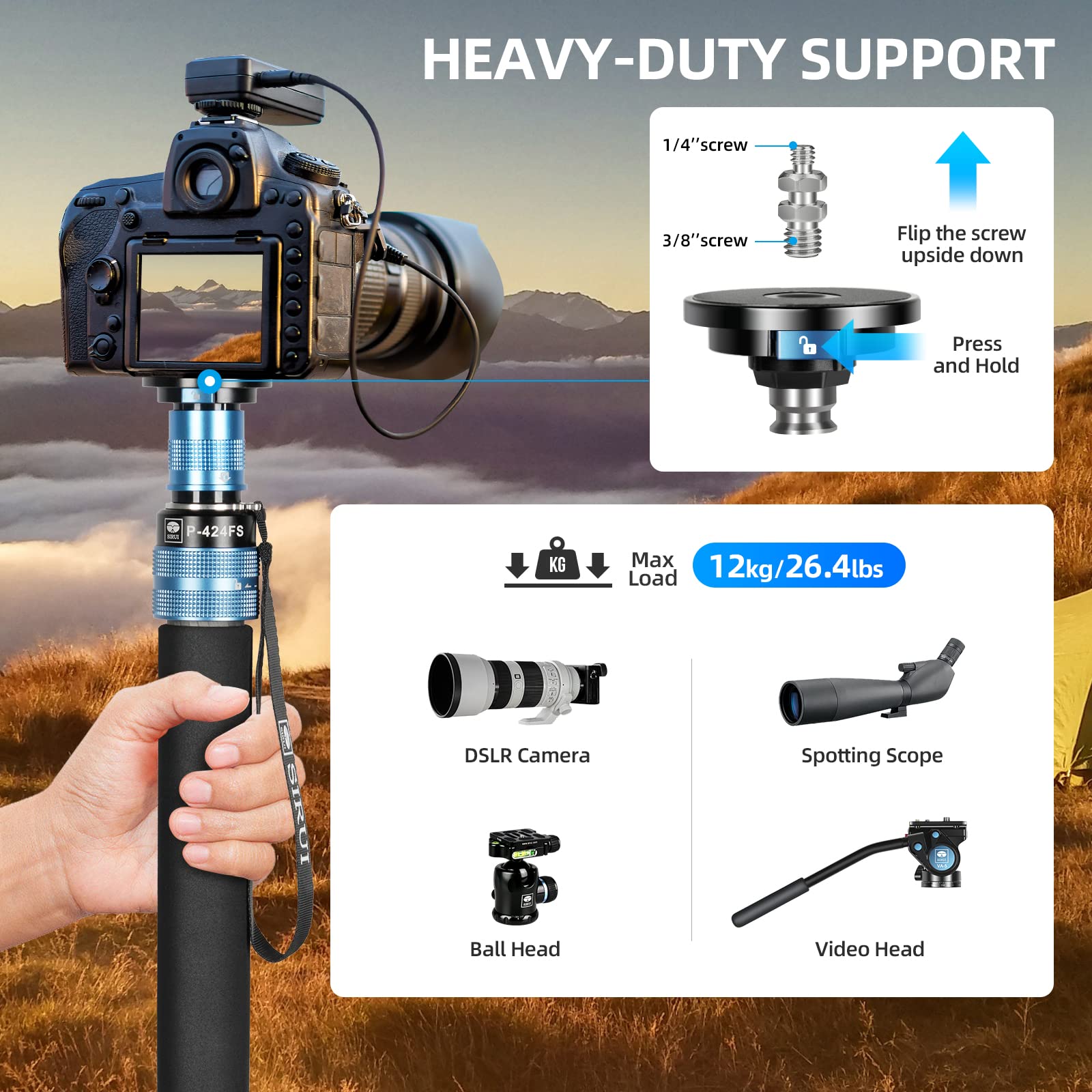 SIRUI P-424FS 169.5cm Carbon Fiber Camera Monopod with Removable Tripod Base & VH-10 Fluid Head - Supports DSLR, Camcorder up to 12kg - Perfect for Travel, Outdoor Photography & Video Shooting