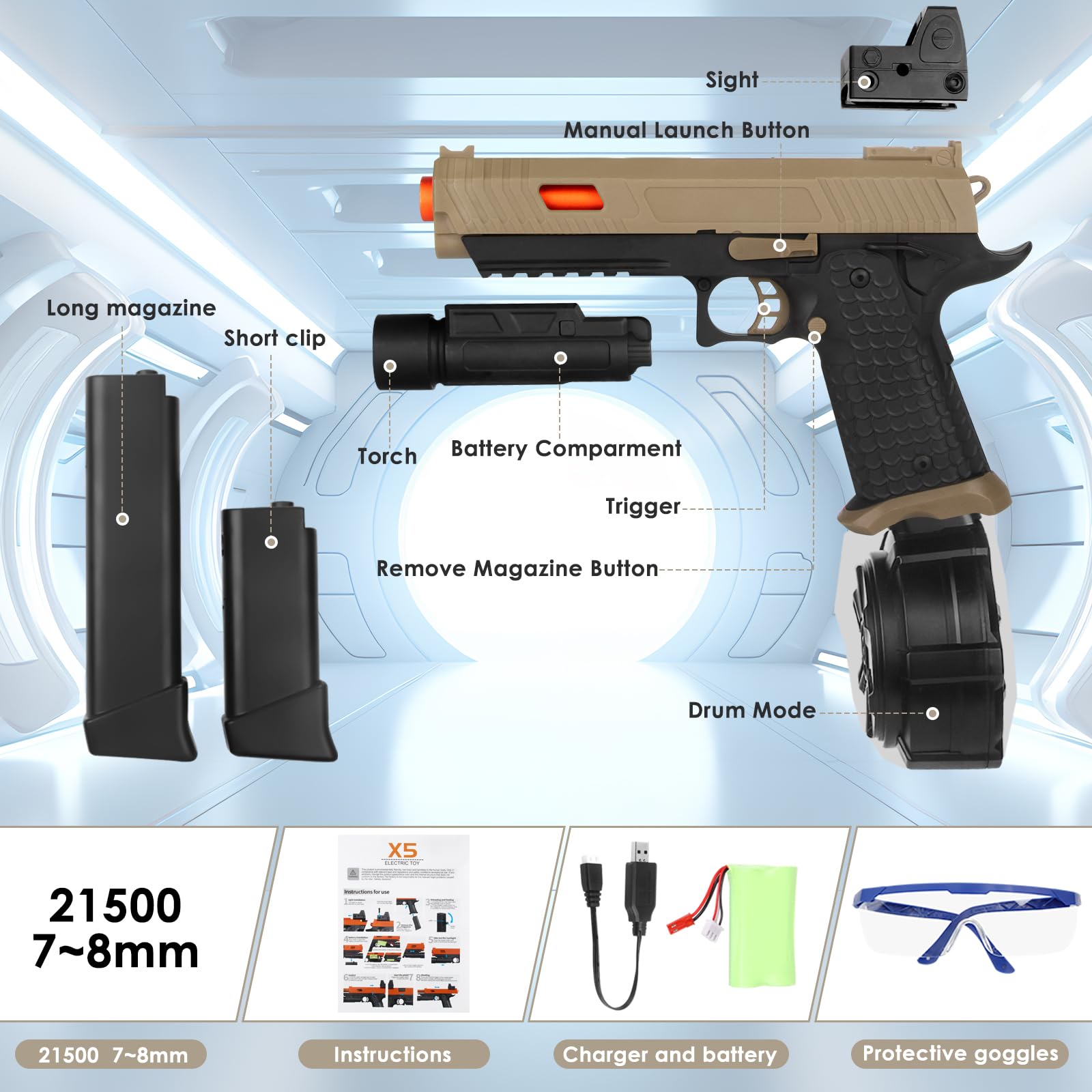 Upgraded Full Auto Gel Toys X5 with Goggles & Drum - Advanced Version of X2 - Outdoor Shooting Game for Teens & Adults 14+ - Perfect for Christmas, Easter, Birthday Parties & Backyard Fun - Sandy Color