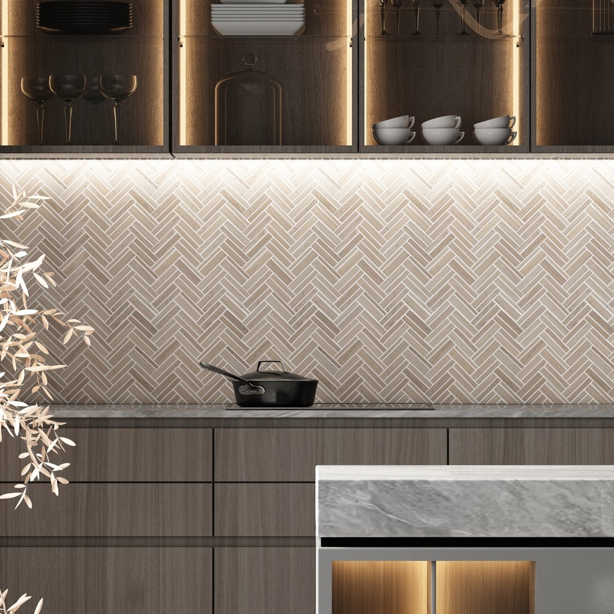 11x11 Inch Biancowood Double 4 Beige Herringbone Honed Marble Mosaic Tile - Perfect for Bathroom Floor, Kitchen Backsplash & Shower Wall Decor