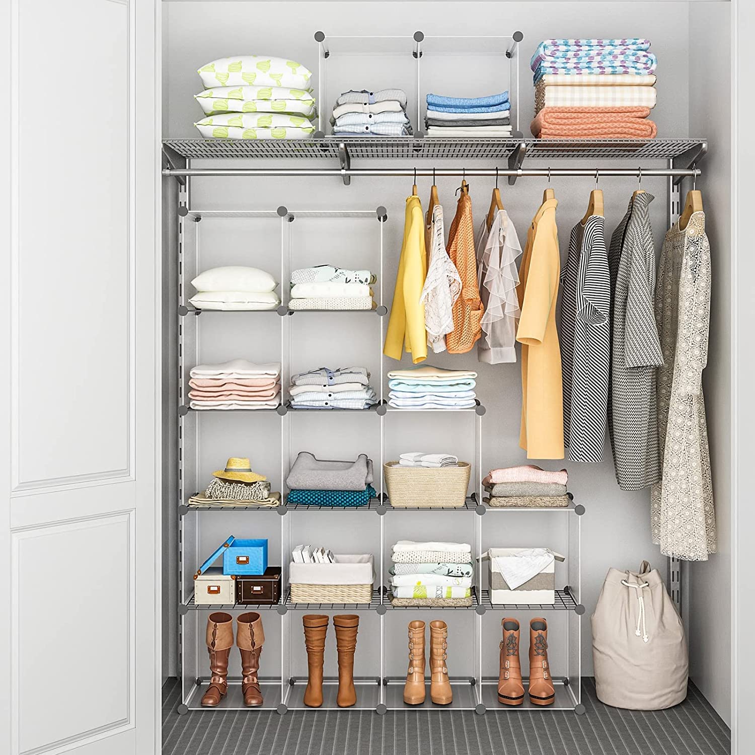 Aeitc 12-Cube Closet Organizer with Wire Panels - Portable Storage Shelves for Closet, Bookshelf & Cubby | White | Ideal for Bedroom, Office & Kids Room Organization