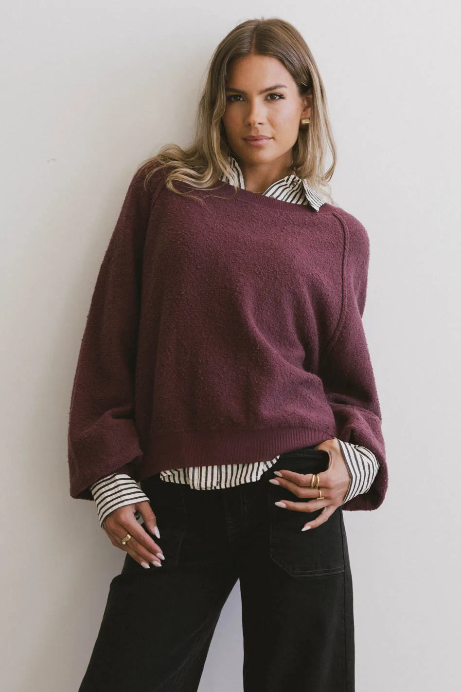 Annaleah Textured Burgundy Sweatshirt for Women | Cozy Pullover with Soft Fabric | Perfect for Casual Outfits, Lounge Wear & Fall Fashion