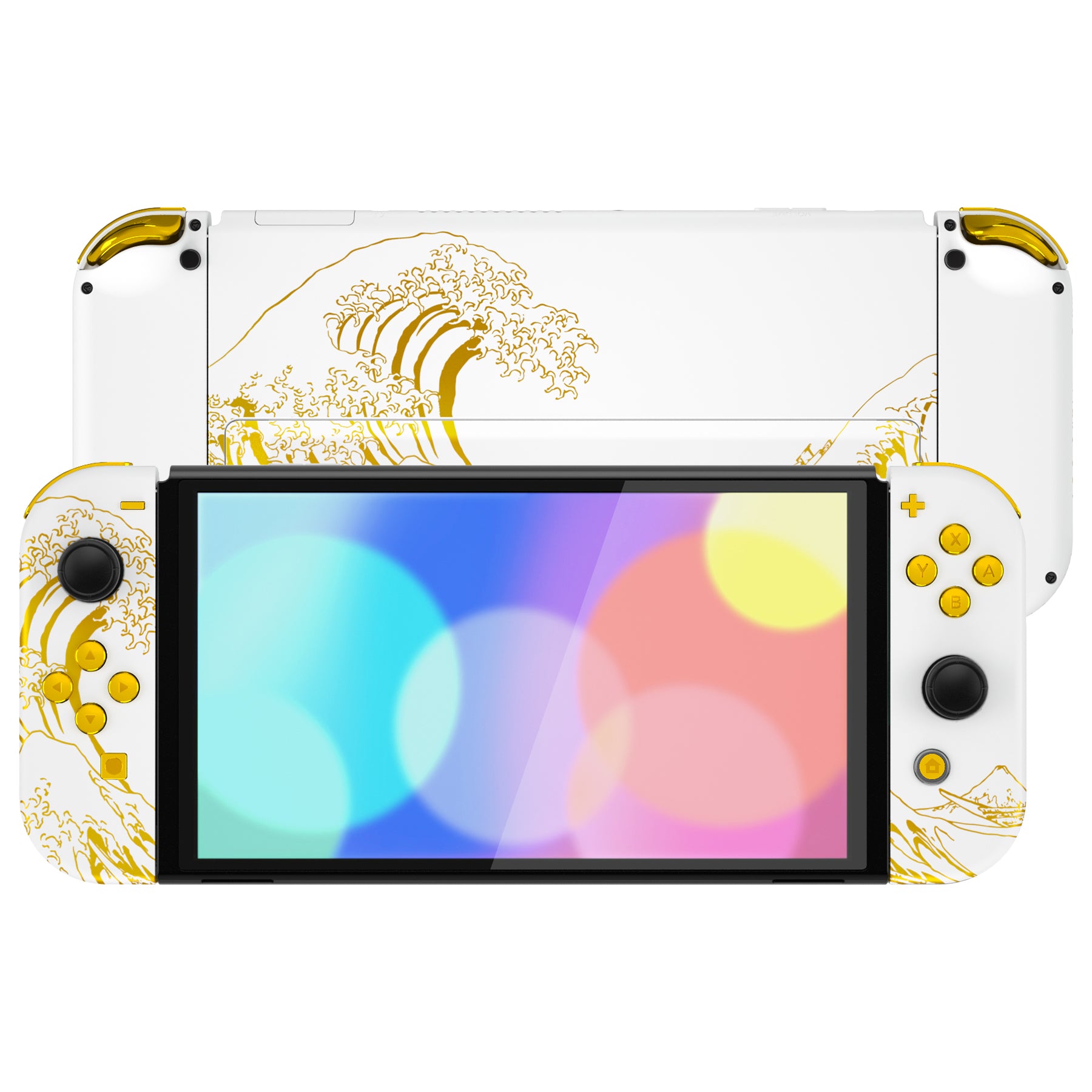 eXtremeRate Golden Wave Off Kanagawa Custom Shell & Button Set for Nintendo Switch OLED - White - Gaming Accessories for Enhanced Aesthetics & Comfort