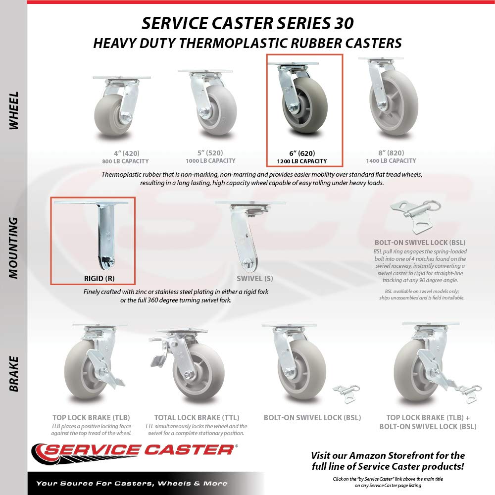Heavy Duty 6 Inch Thermoplastic Rubber Donut Tread Caster Wheels with Rigid Top Plate - 500 lbs Capacity per Caster - Service Caster Brand - Ideal for Industrial Equipment, Warehouse Carts, and Heavy-Duty Workbenches