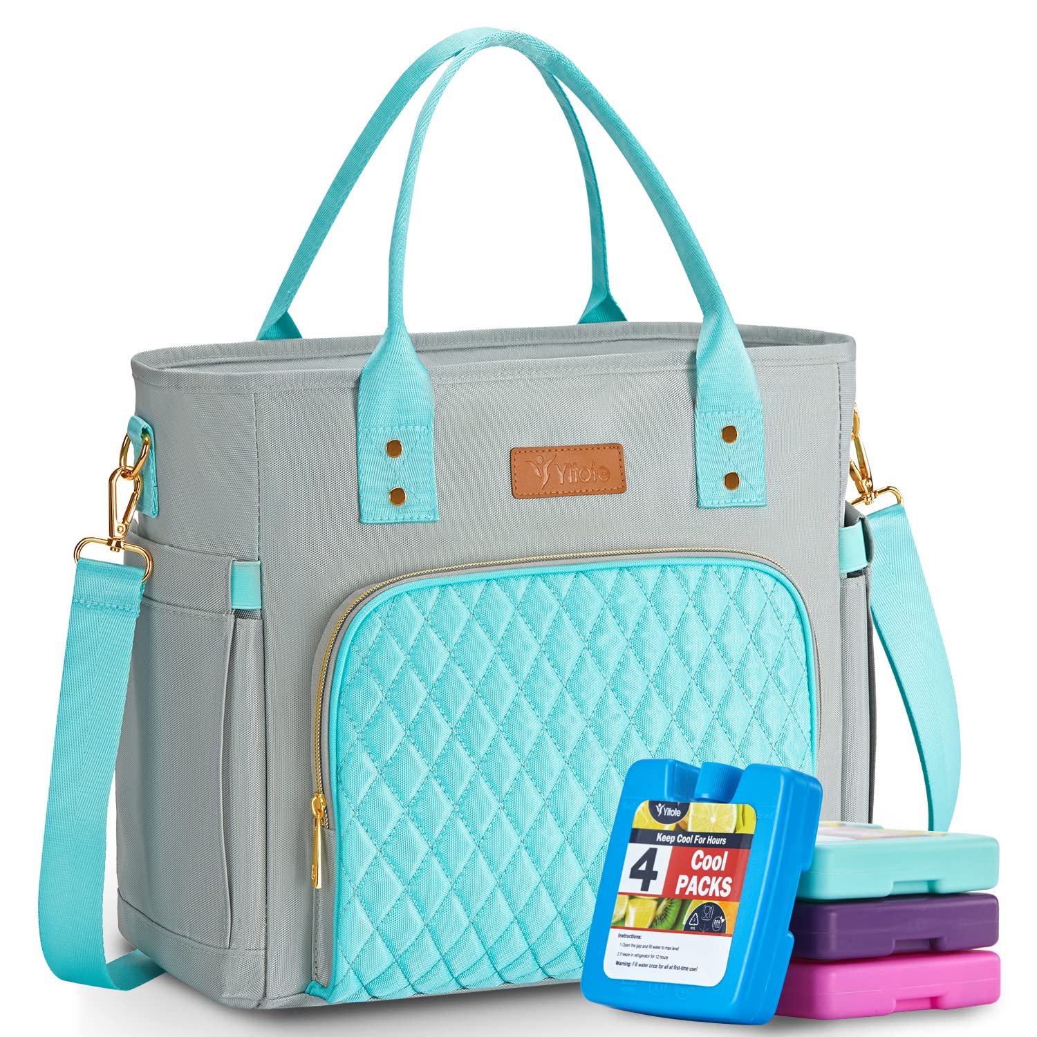 Yitote Insulated Lunch Bag for Women with 4 Ice Packs, Adjustable Shoulder Strap & Bottle Holder - Leakproof Thermal Lunch Box for Office, Work, School, Camping & Picnic (Green Gray)