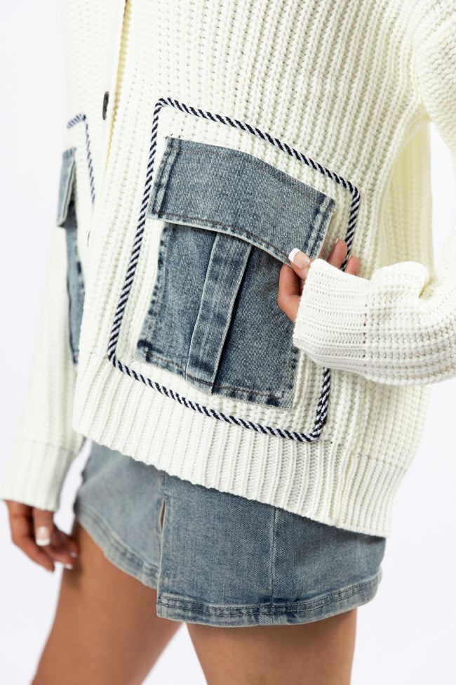 Living For Today Ivory Denim Pocket Cardigan - Women's Lightweight Knit Sweater | Perfect for Casual Outfits & Layering in Fall/Winter