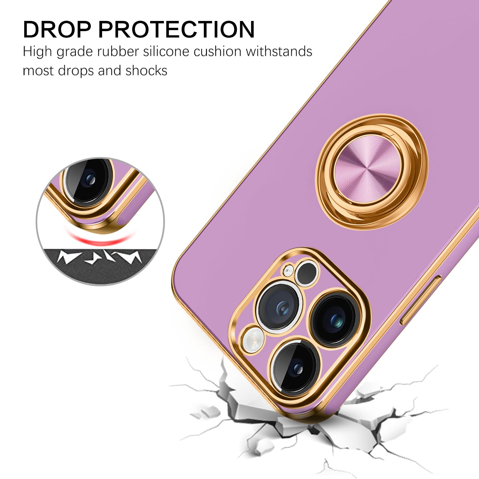 360° Rotating Kickstand iPhone 14 Pro Max Case - Shockproof TPU Bumper with Metal Ring Holder, Slim Flexible Protective Cover (Purple) - Perfect for Workouts, Travel & Everyday Use