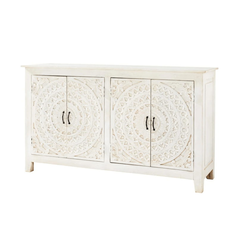Hand Carved White Solid Wood Four Door Sideboard Buffet Cabinet - Elegant Dining Room Storage for China, Silverware & Linens