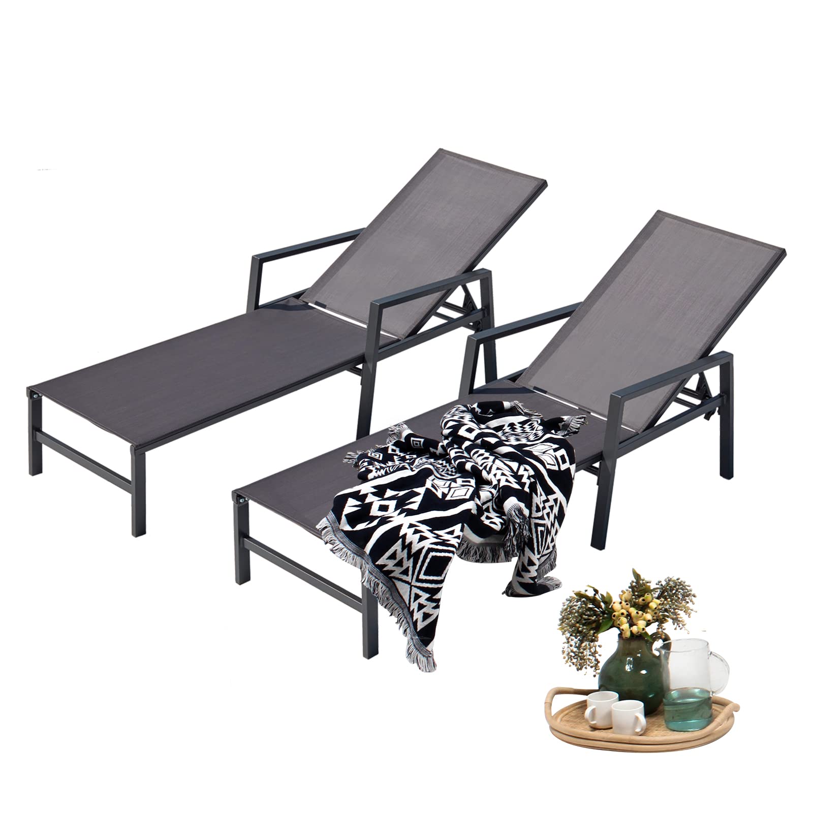 2-Pack Adjustable Aluminum Chaise Lounge Chairs with Armrests - Outdoor Patio Furniture for Poolside, Beach, Balcony, Lawn & Yard - Weather-Resistant Grey Lounge Chairs Set (Perfect for Sunbathing, Relaxing & Outdoor Lounging)