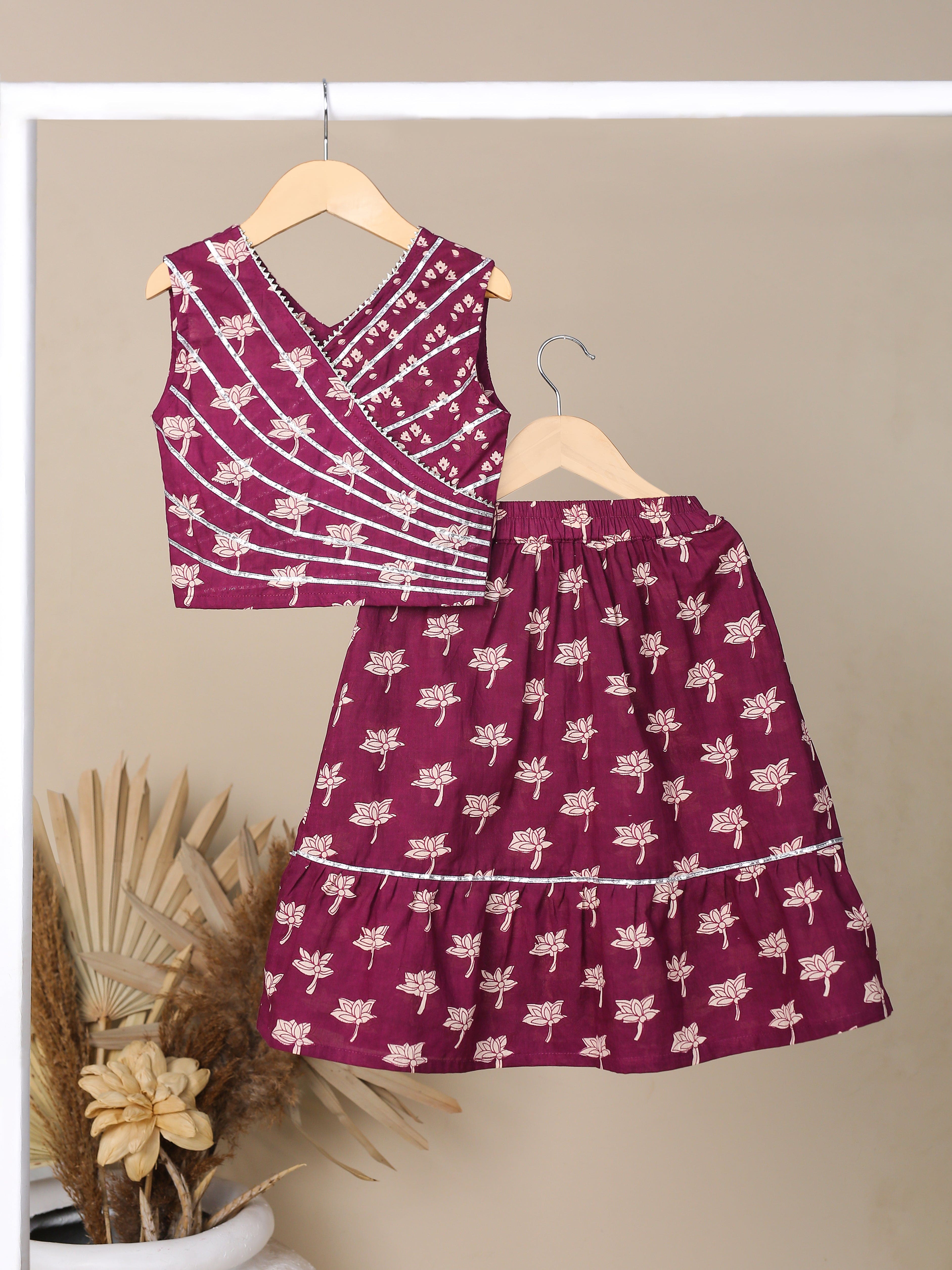Pre-Order Girls Printed Skirt Set in Wine Red - Perfect for Birthday Parties, School Events & Family Gatherings
