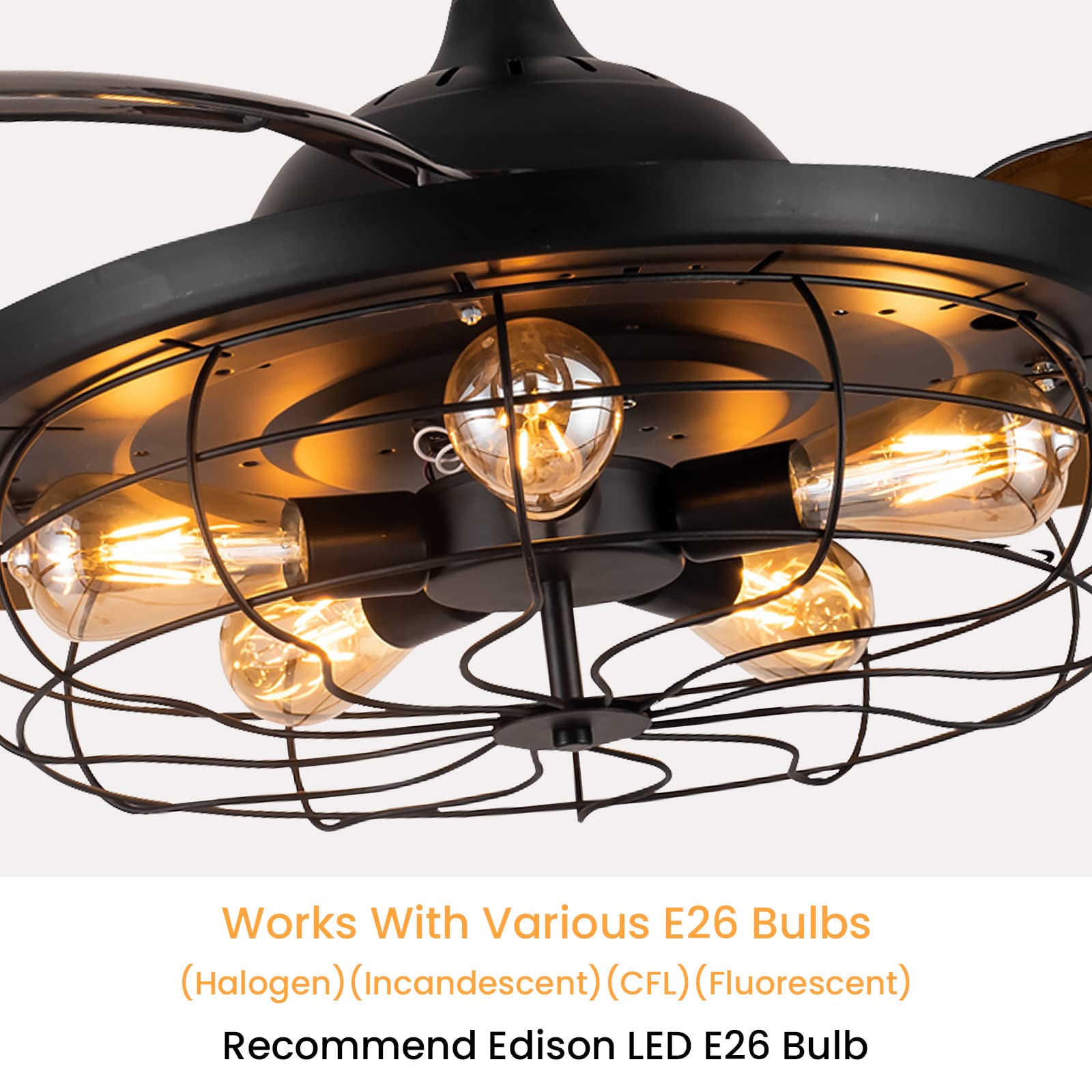 Siljoy 48 Inch Retractable Black Industrial Caged Ceiling Fan with Remote & 5 Lights - Farmhouse Chandelier Style for Living Room, Bedroom, Patio - Perfect for Home Cooling & Decorative Lighting