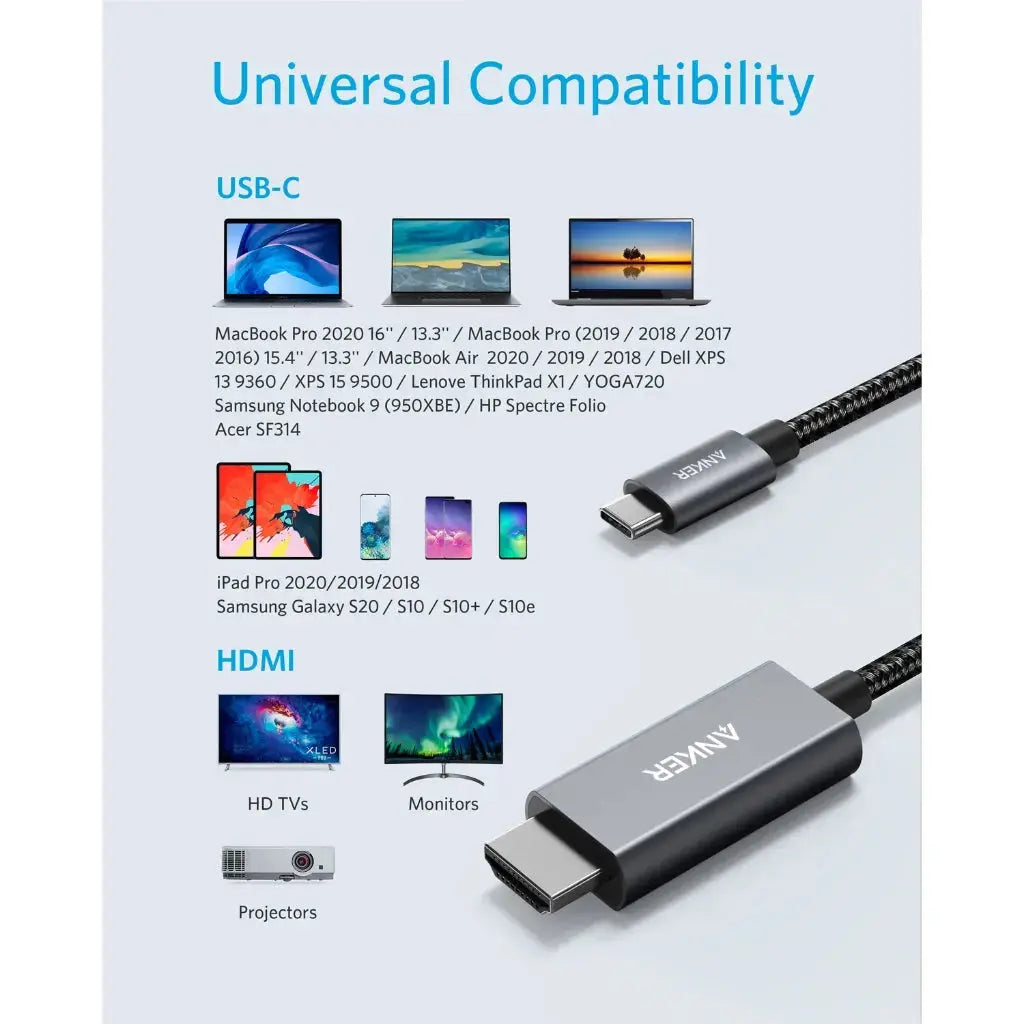 Anker USB C to HDMI Cable 6ft 4K 60Hz Adapter - High-Speed Nylon Braided Cord for MacBook Pro, iPad, Samsung Galaxy - Perfect for Home Theater, Office Presentations & Gaming