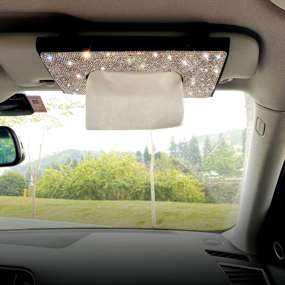 Sparkling Rhinestone PU Leather Napkin Holder - Car Backseat Hanging Tissue Box Organizer - Bling Bling Sun Visor Paper Case for Car, Home & Office (Black + White) - Perfect for Road Trips, Dining & Decor