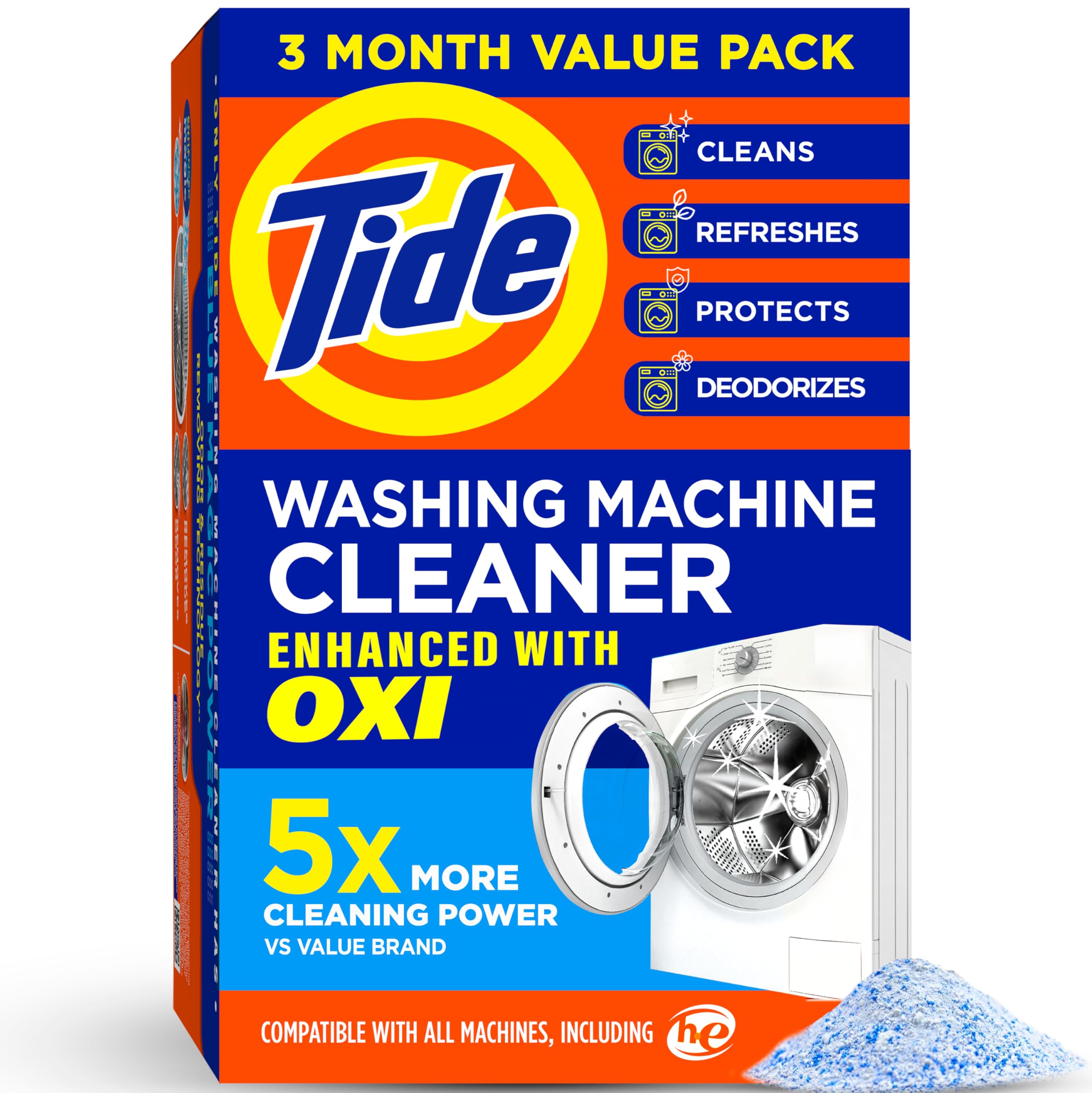 Tide Washing Machine Cleaner with Oxi - Deep Cleaning Odor Eliminator for Front & Top Loader Washers (3 Month Supply) - Perfect for Monthly Washer Maintenance & Eliminating Musty Smells