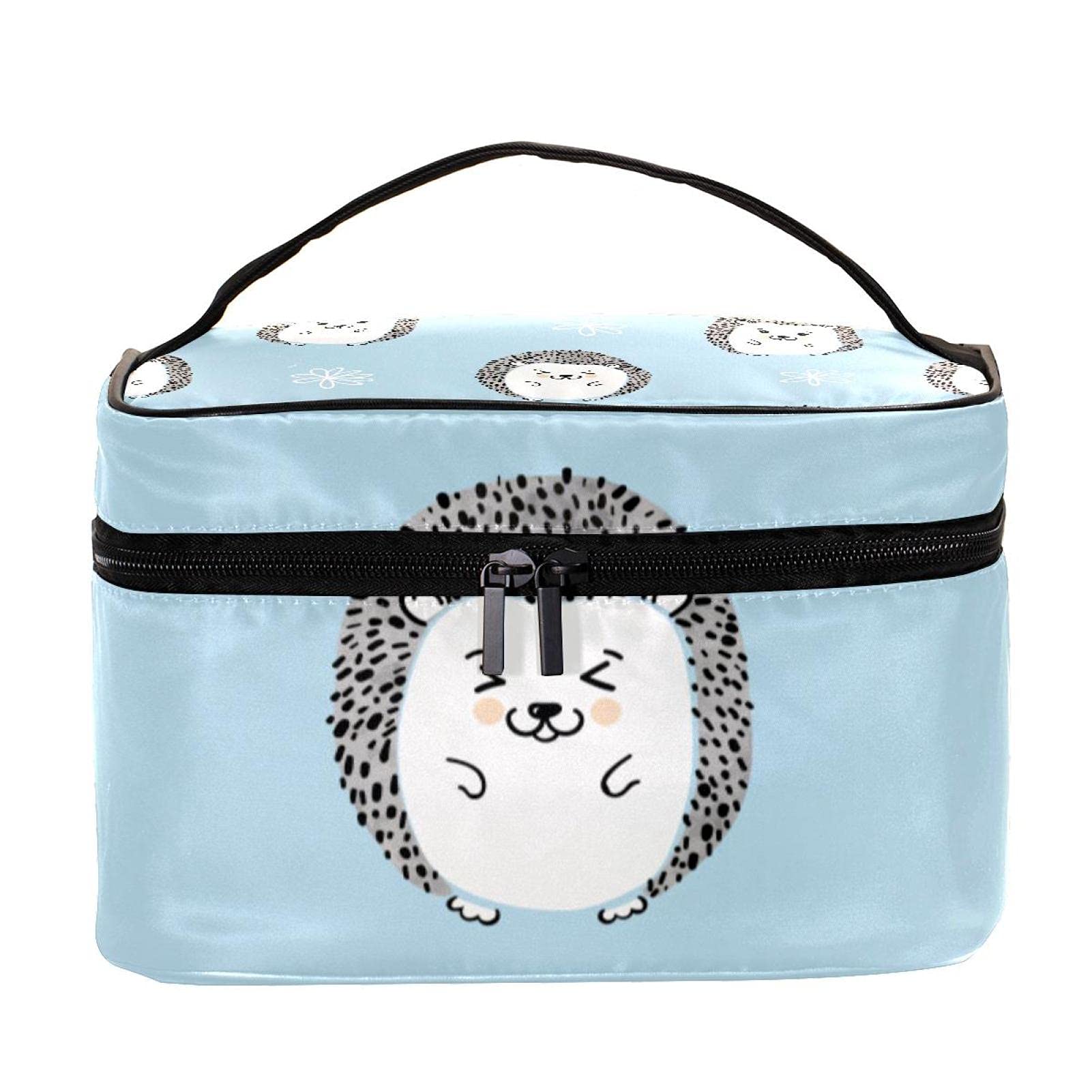 Cute Hedgehog and Floral Print Large Travel Makeup Bag - Waterproof Cosmetic Organizer with Zipper for Women & Girls - Perfect for Vacation, Gym, and Daily Essentials Storage
