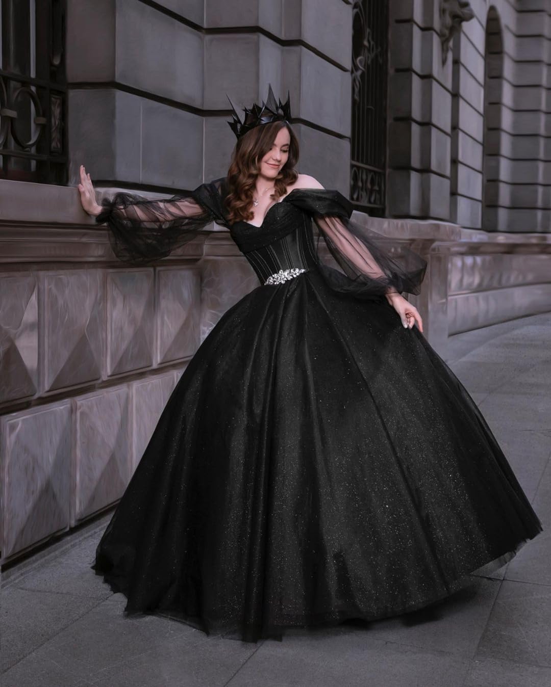 Elegant Black Princess Wedding Dress for Bride - Long Sleeve Ball Gown with Beaded Belt & Puffy Skirt | Perfect for Formal Weddings, Evening Galas & Special Occasions